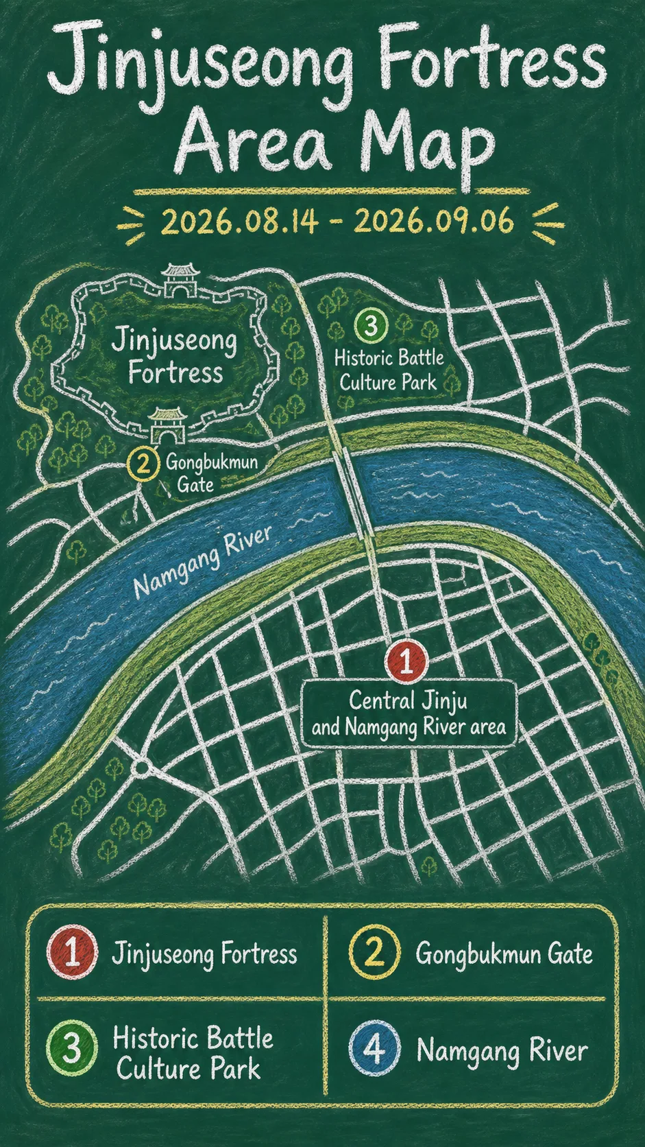 2026 Guardians of Jinju Hotel Guide: Dates, Location, and Where to Stay English chalkboard map redrawn from the source map