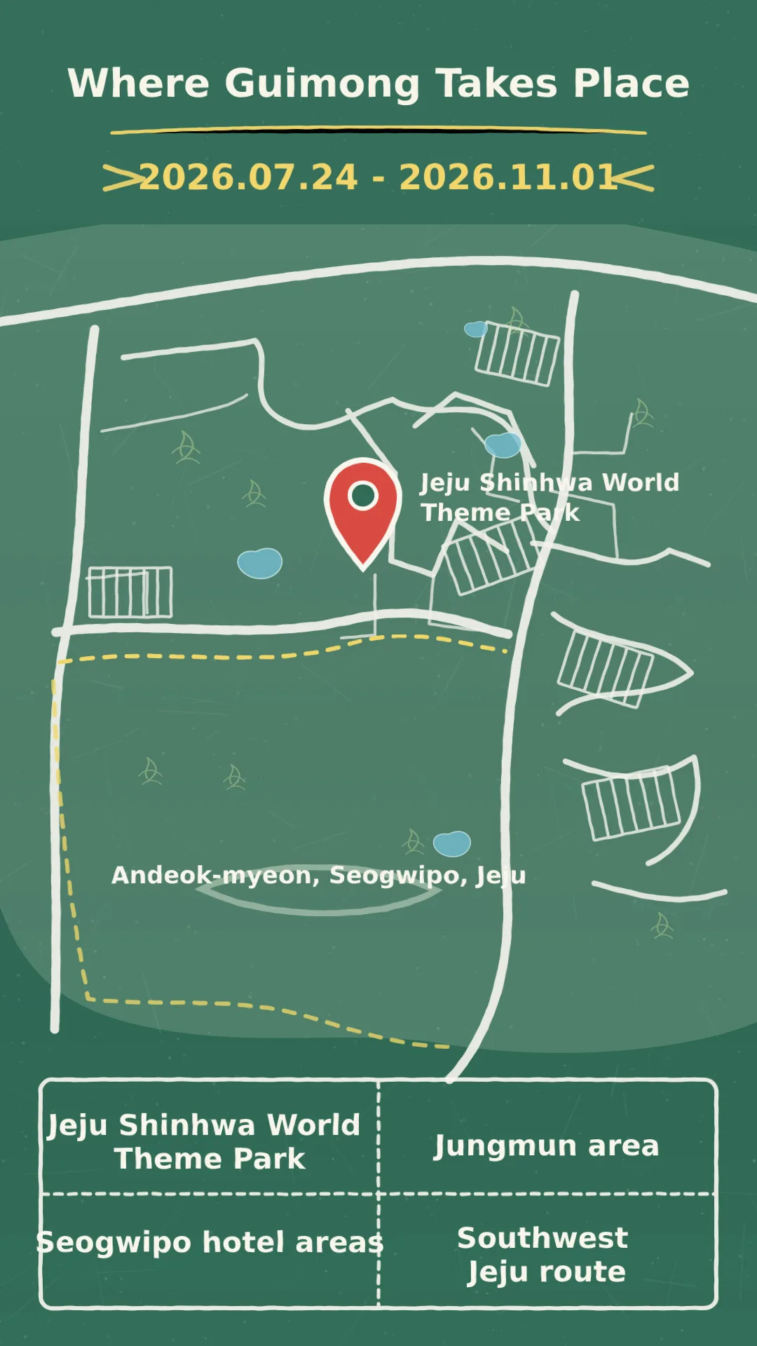 2026 Guimong at Jeju Shinhwa World: Dates, Location, and Where to Stay English chalkboard map redrawn from the source map