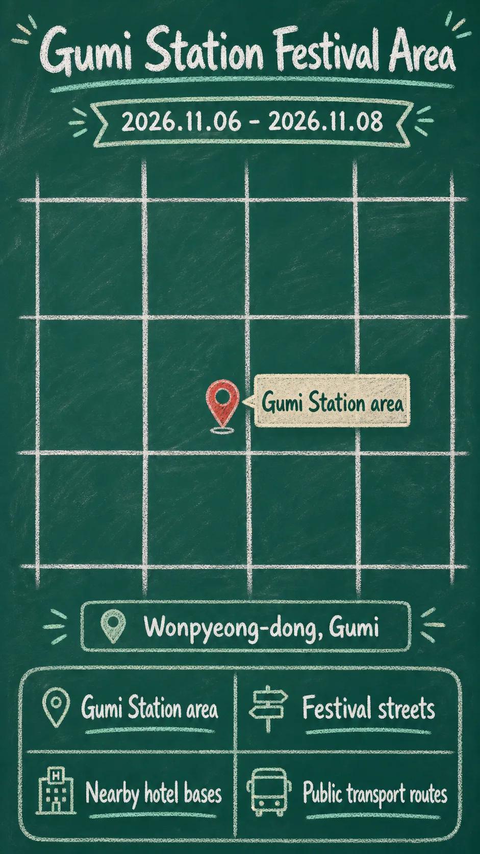 2026 Gumi Ramen Festival Hotel Guide for International Travelers English chalkboard map redrawn from the source map