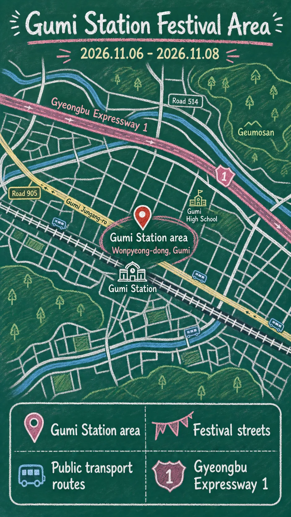 2026 Gumi Ramen Festival Hotel Guide for International Travelers English chalkboard map redrawn from the source map