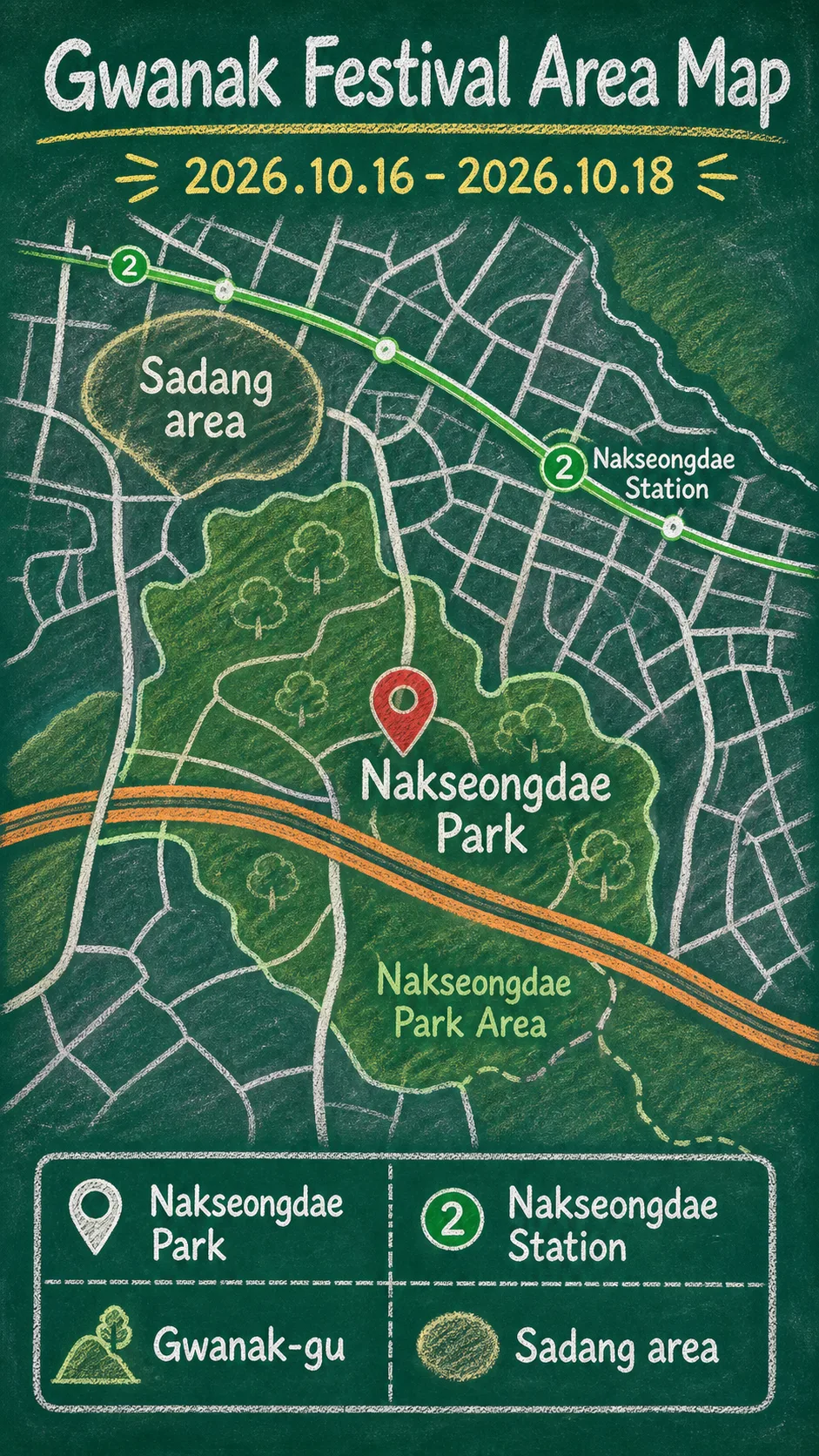 2026 Gwanak Gang Gam-chan Festival: Dates, Location, Travel Tips, and Where to Stay English chalkboard map redrawn from the source map