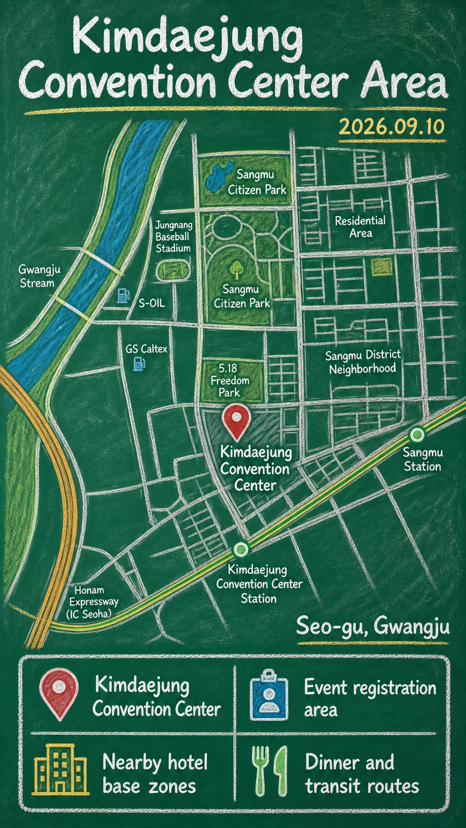 2026 Gwangju ACE Fair Hotel Guide: Kimdaejung Convention Center Area Tips English chalkboard map redrawn from the source map