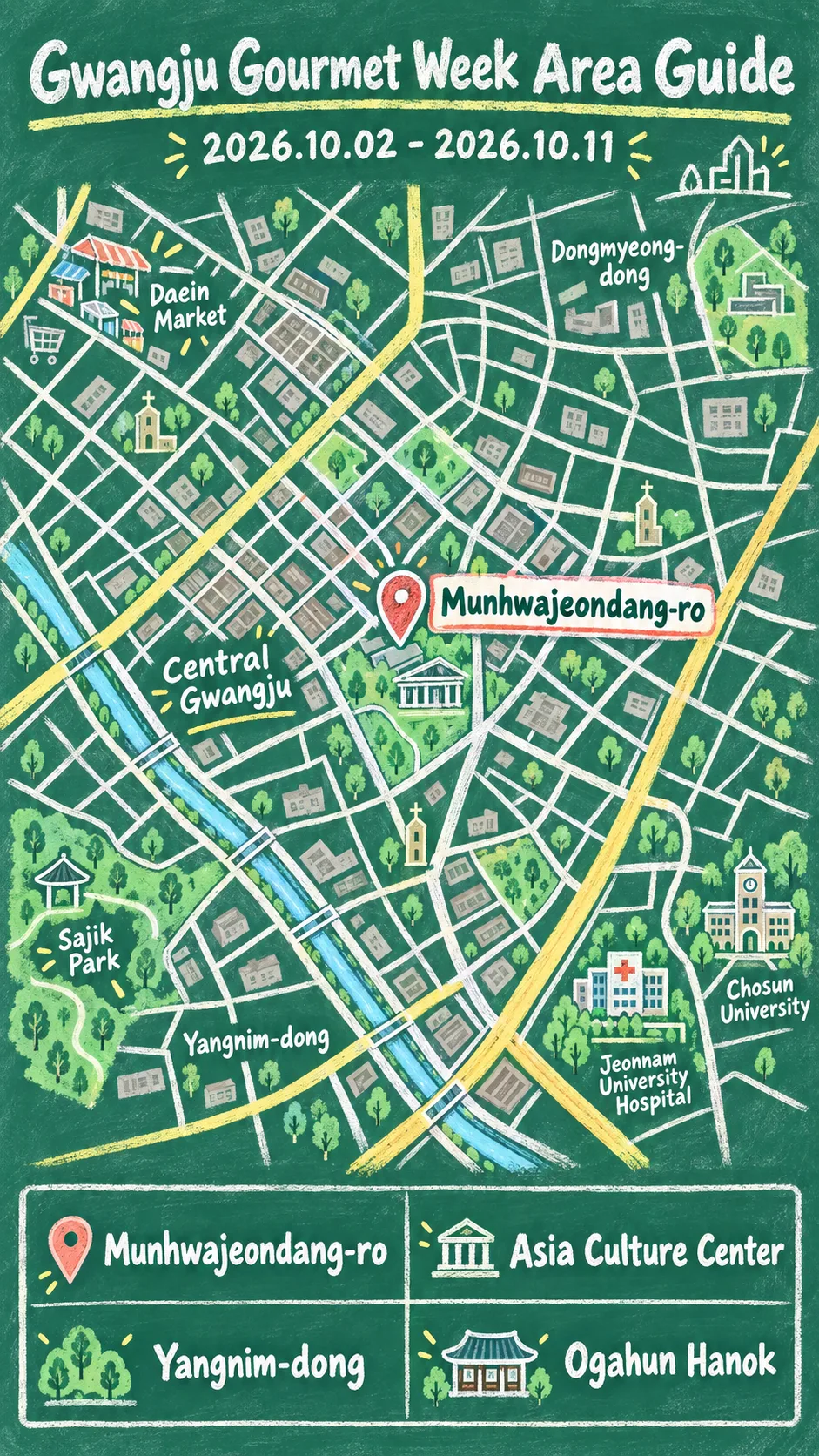 2026 Gwangju Gourmet Week: Dates, Venues and Where to Stay English chalkboard map redrawn from the source map
