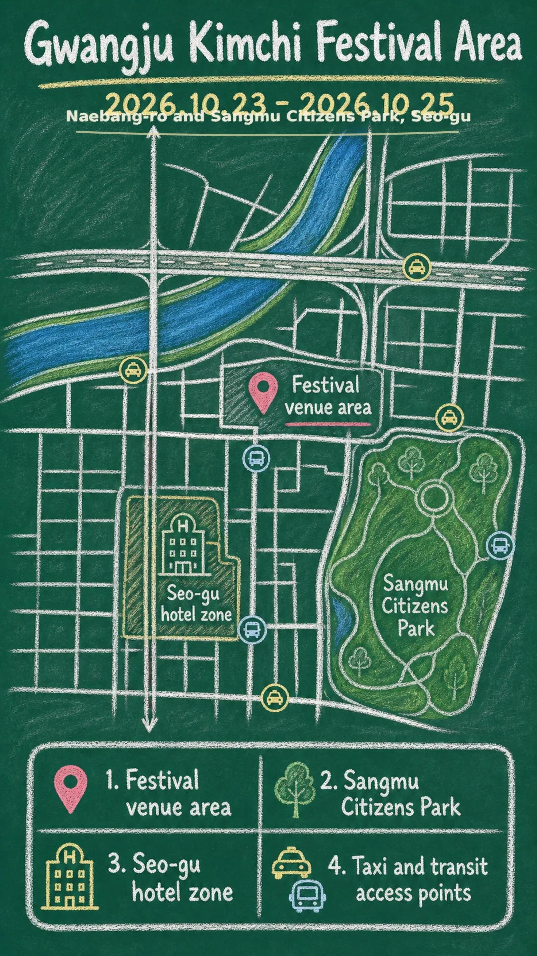 2026 Gwangju Kimchi Festival Guide: Dates, Location, Travel Tips, and Where to Stay English chalkboard map redrawn from the source map
