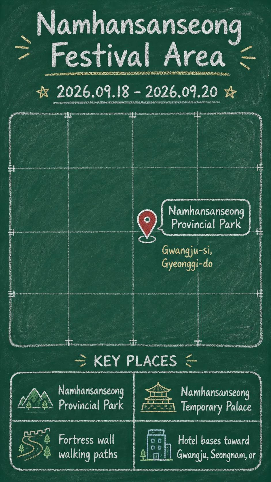 2026 Gwangju Namhansanseong Cultural Festival: Dates, Location, Travel Tips, and Where to Stay English chalkboard map redrawn from the source map