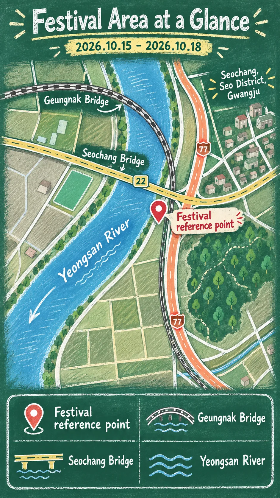 2026 Gwangju Seochang Silver Grass Festival: Dates, Tips and Hotels English chalkboard map redrawn from the source map