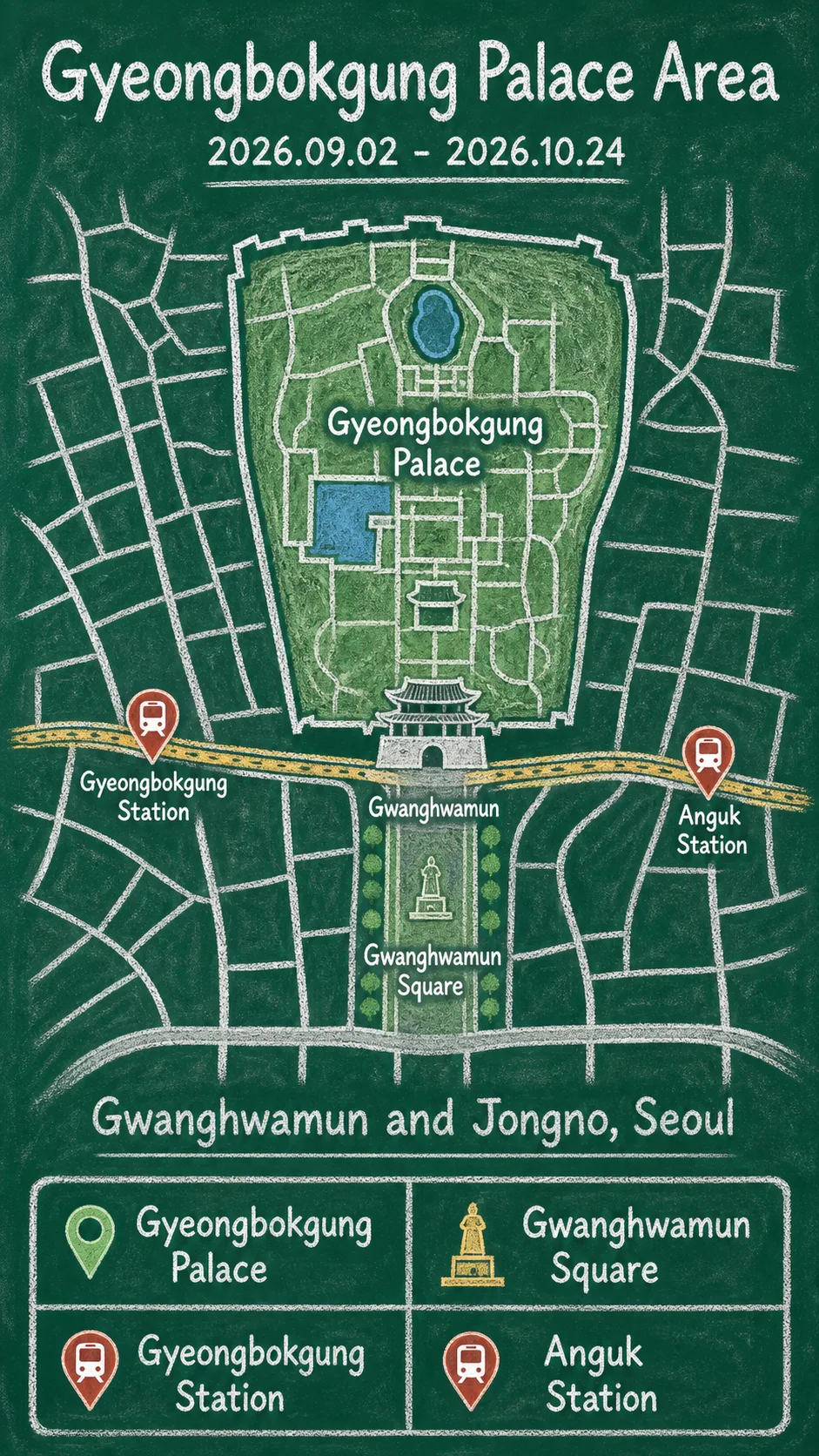 2026 Gyeongbokgung Starlight Night Tour: Dates, Location, and Where to Stay in Seoul English chalkboard map redrawn from the source map