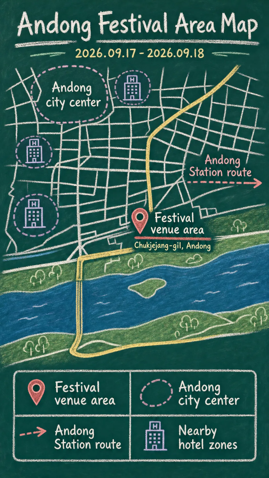 2026 Gyeongbuk K-Story Festival: Andong Travel and Hotel Base Guide English chalkboard map redrawn from the source map