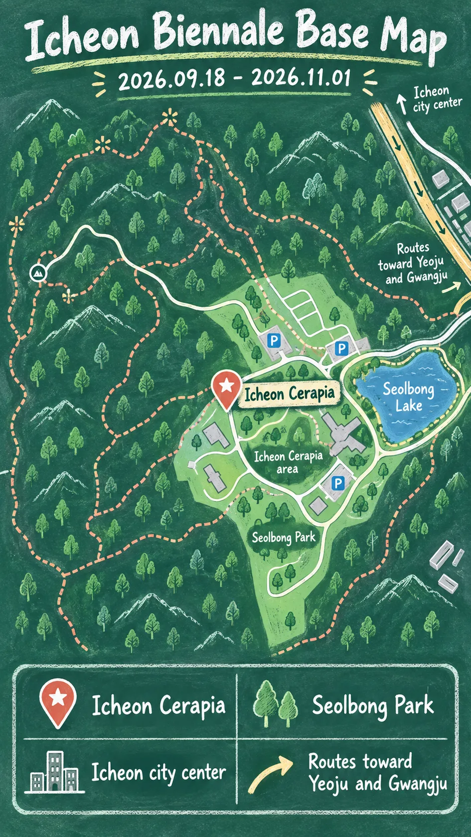 2026 Gyeonggi Ceramics Biennale: Venues, Tickets and Icheon Hotels English chalkboard map redrawn from the source map
