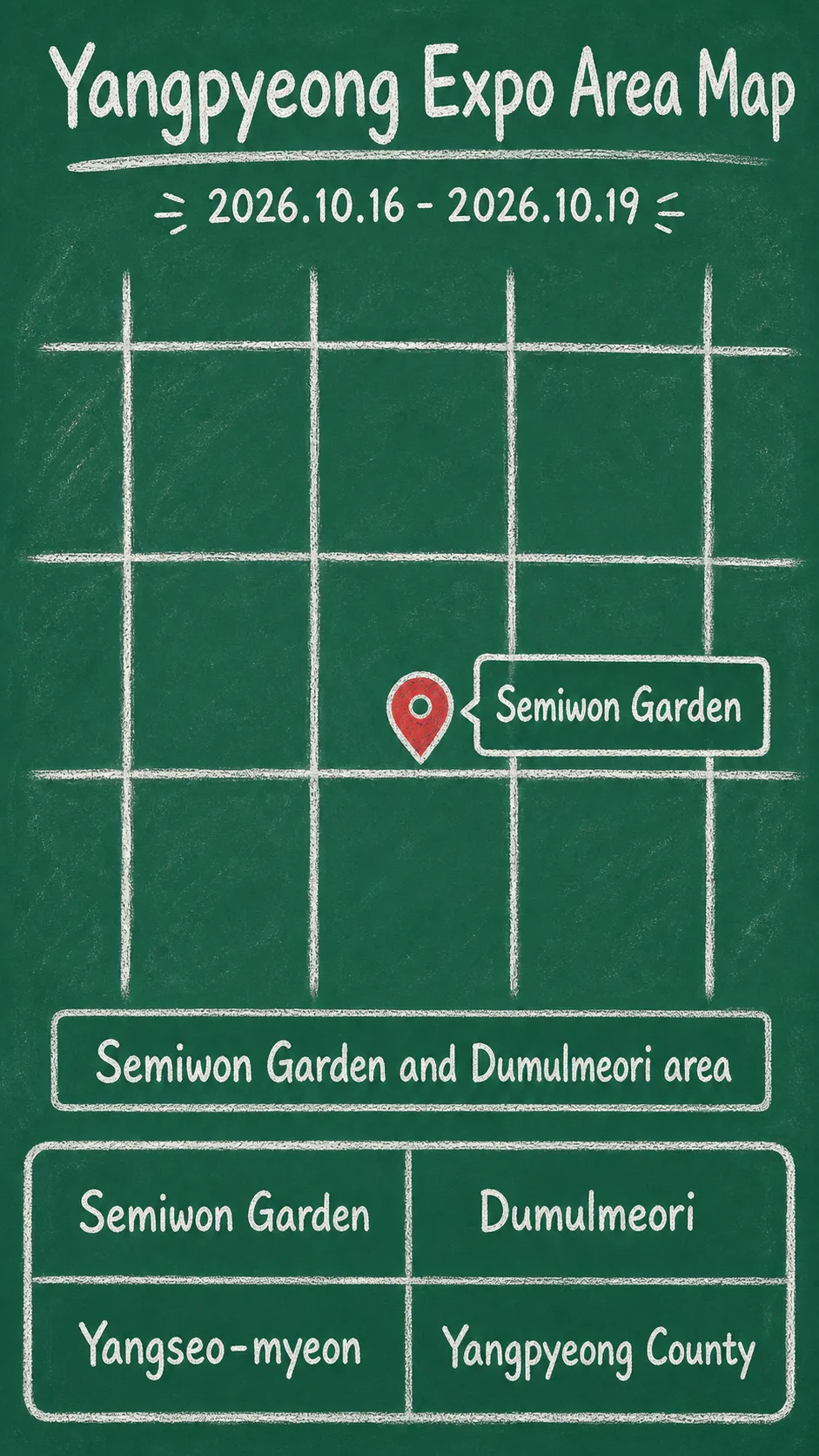 2026 Gyeonggi Garden Culture Expo: Where to Stay Around Yangpyeong, Semiwon, and Dumulmeori English chalkboard map redrawn from the source map