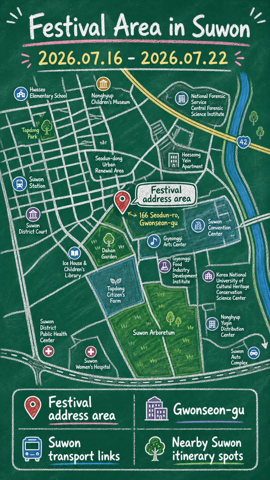 2026 Gyeonggi Puppet Festival in Suwon: Dates, Location and Where to Stay English chalkboard map redrawn from the source map
