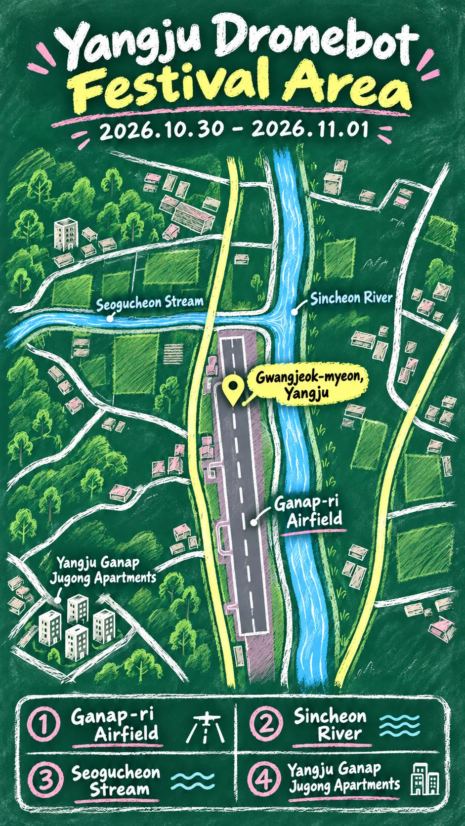 2026 Gyeonggi–Yangju Dronebot Festival: Dates, Location and Where to Stay English chalkboard map redrawn from the source map