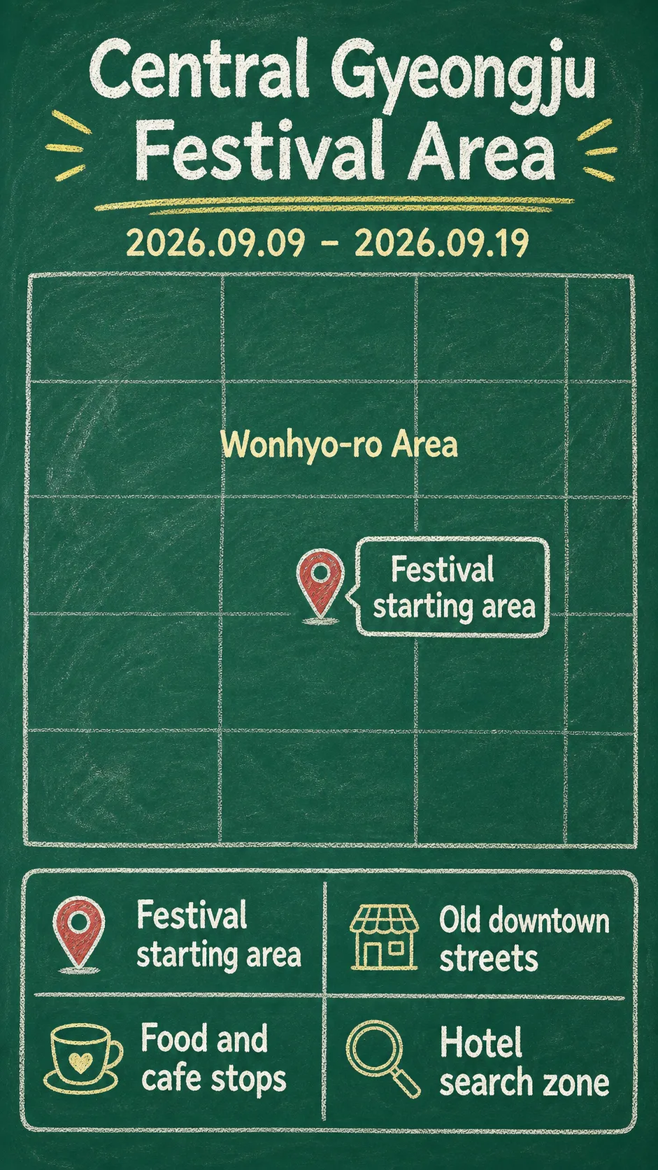 2026 Gyeongju Golden Carnival: Dates, Area Guide, Travel Tips, and Where to Stay English chalkboard map redrawn from the source map