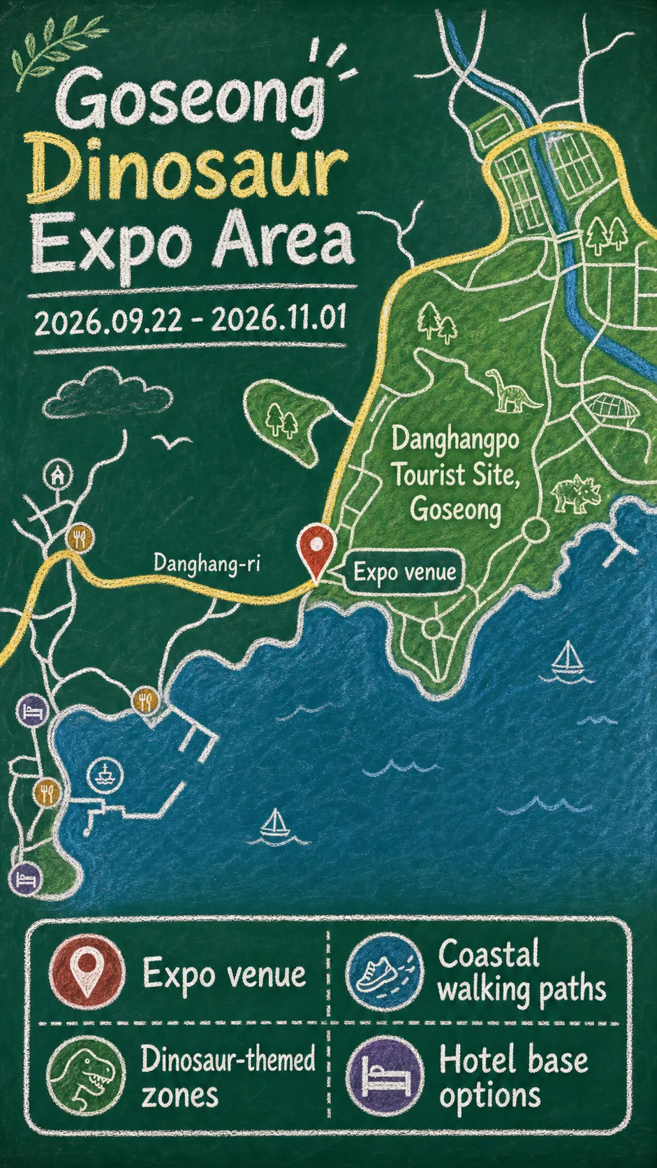 2026 Gyeongnam Goseong Dinosaur World Expo: Dates, Location, Travel Tips, and Where to Stay English chalkboard map redrawn from the source map