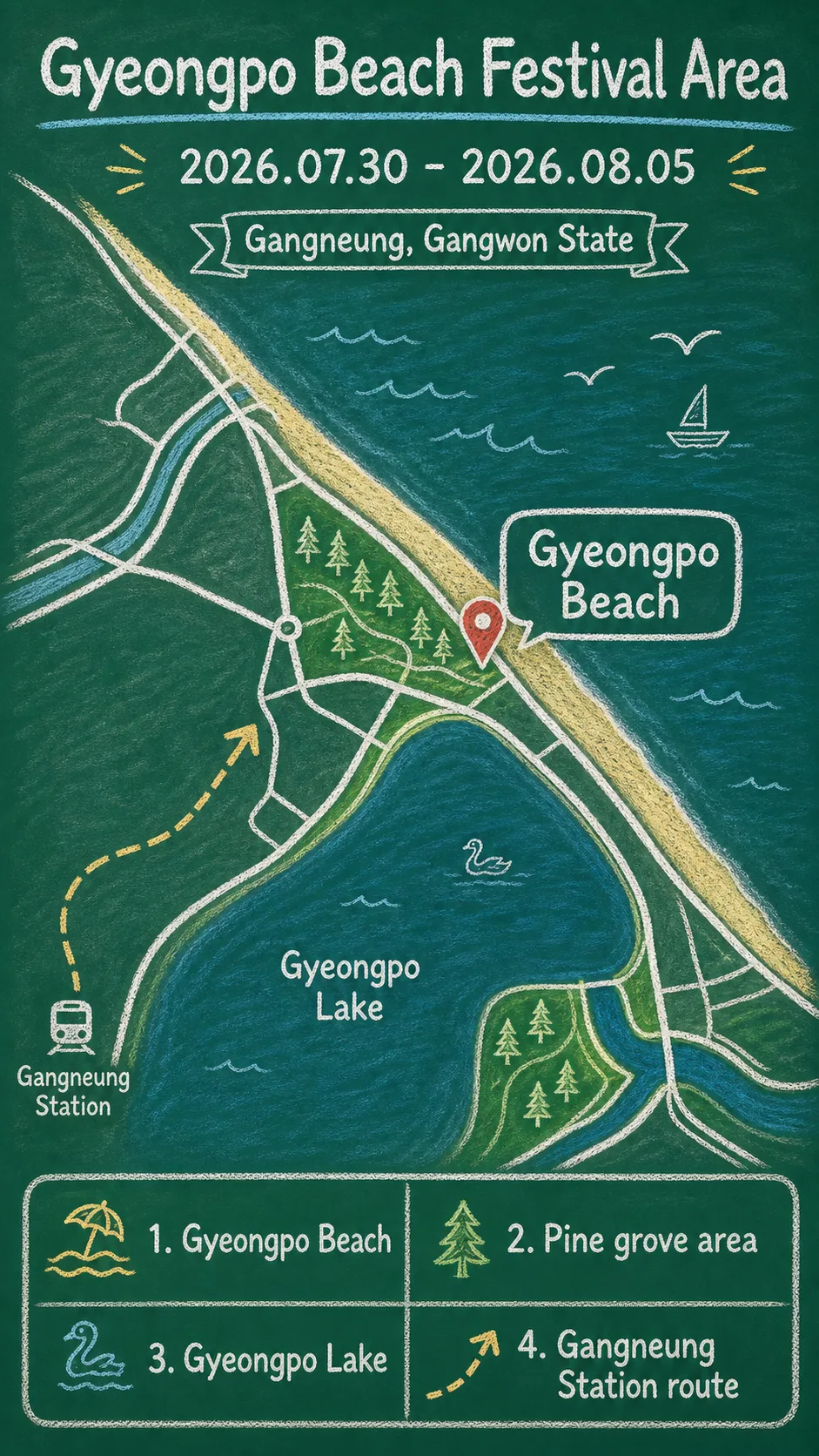 2026 Gyeongpo Summer Festival: Where to Stay in Gangneung for the Beach Events English chalkboard map redrawn from the source map