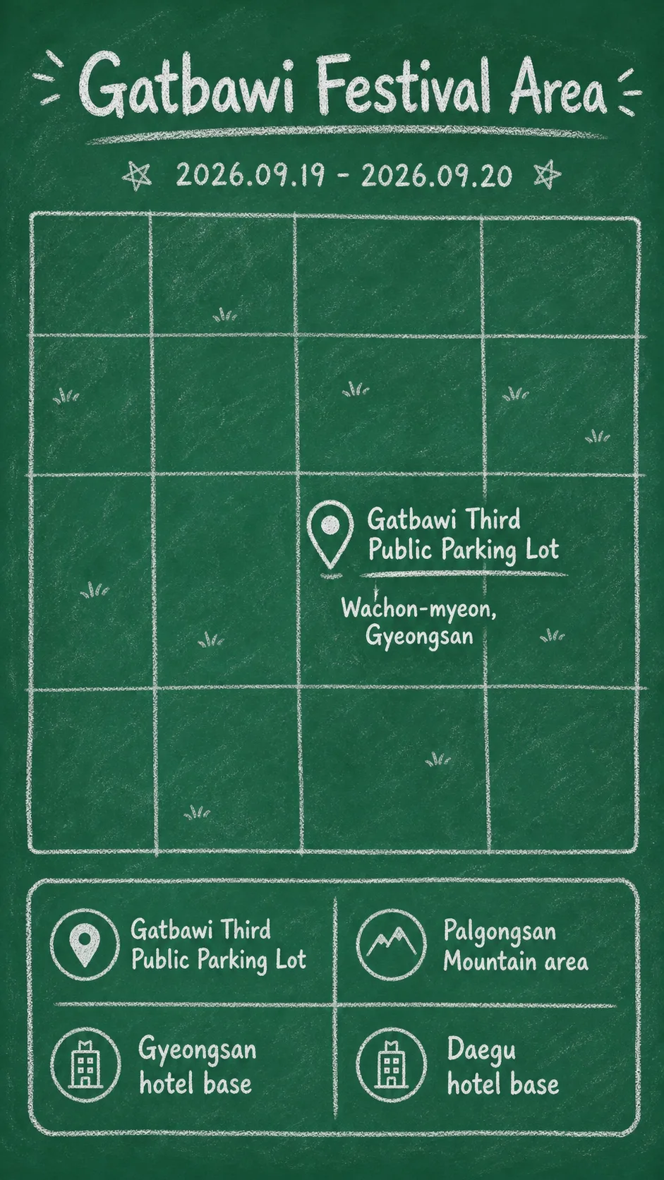 2026 Gyeongsan Gatbawi Wish Fulfillment Festival Hotel Guide English chalkboard map redrawn from the source map