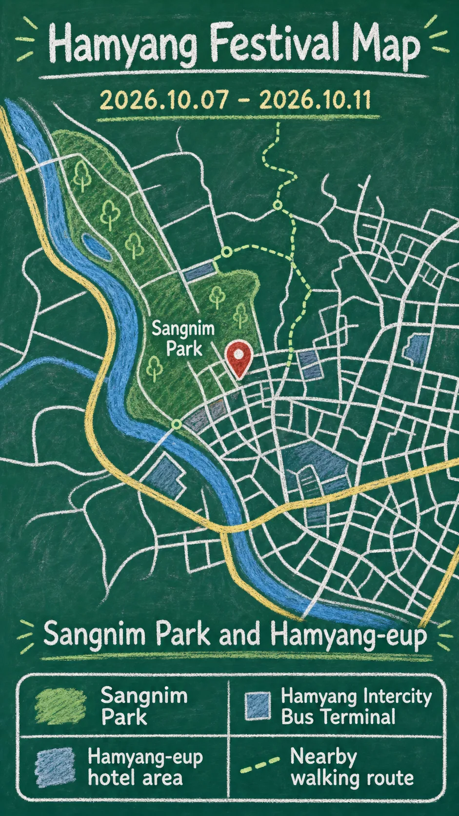 2026 Hamyang Wild Ginseng Festival Guide: Dates, Sangnim Park, Travel Tips, and Where to Stay English chalkboard map redrawn from the source map