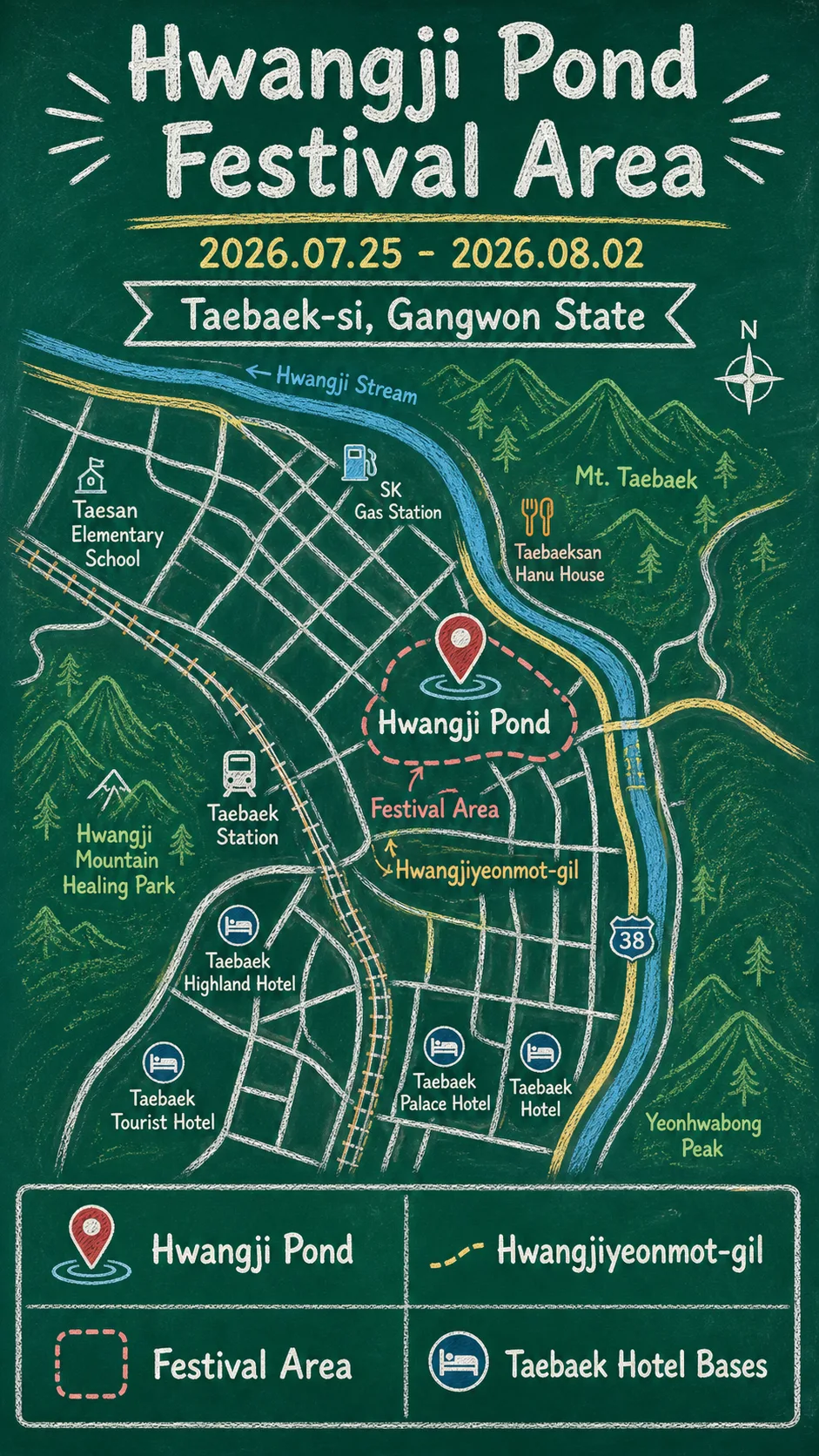 2026 Han River and Nakdong River Source Festival: Where to Stay in Taebaek English chalkboard map redrawn from the source map