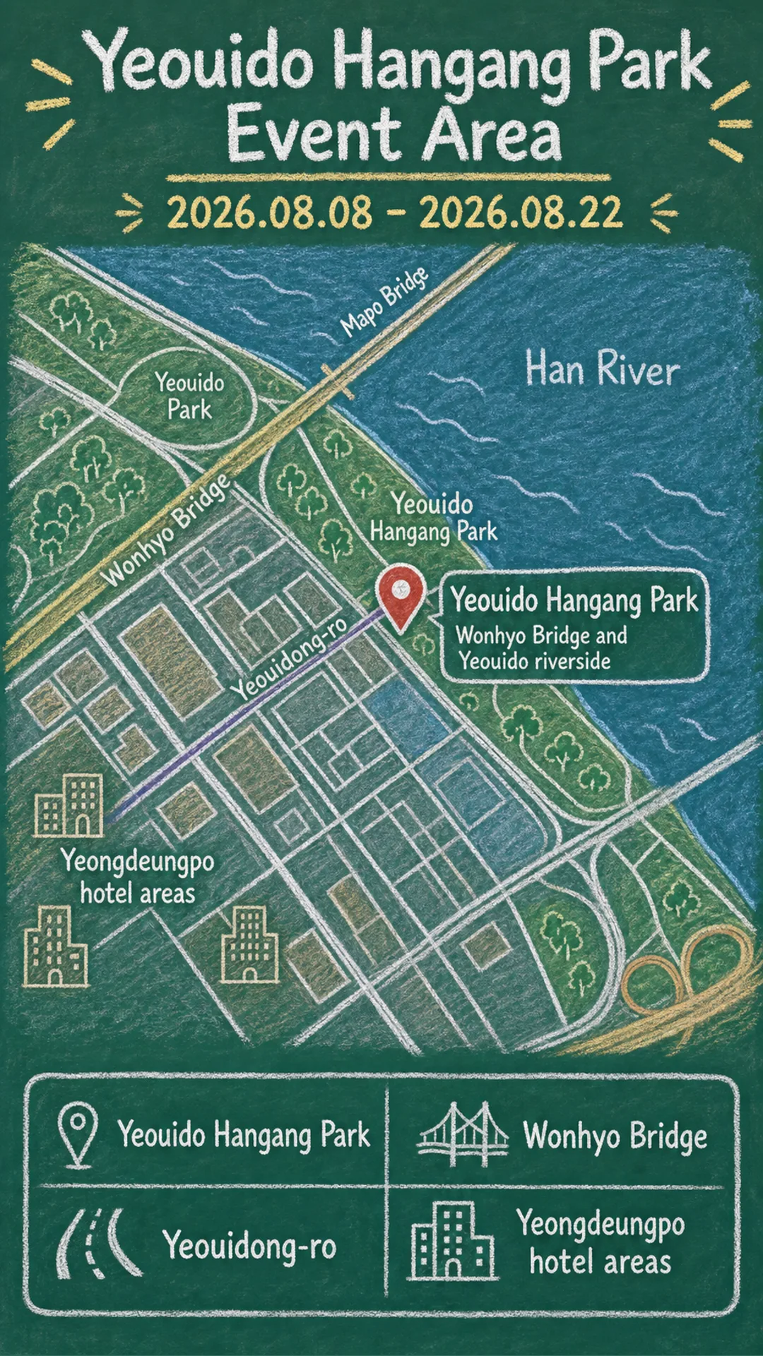 2026 Hangang Bridge-Under Cinema Guide: Dates, Locations, What to Bring, and Where to Stay English chalkboard map redrawn from the source map