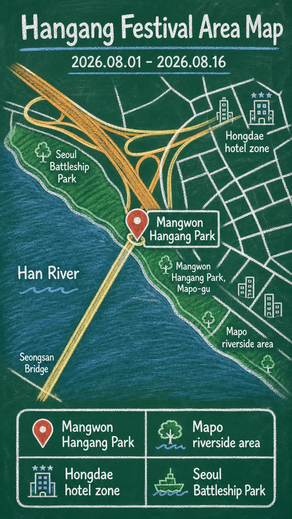 2026 Hangang River Festival Guide: Dates, Location, What to Pack, and Where to Stay in Seoul English chalkboard map redrawn from the source map