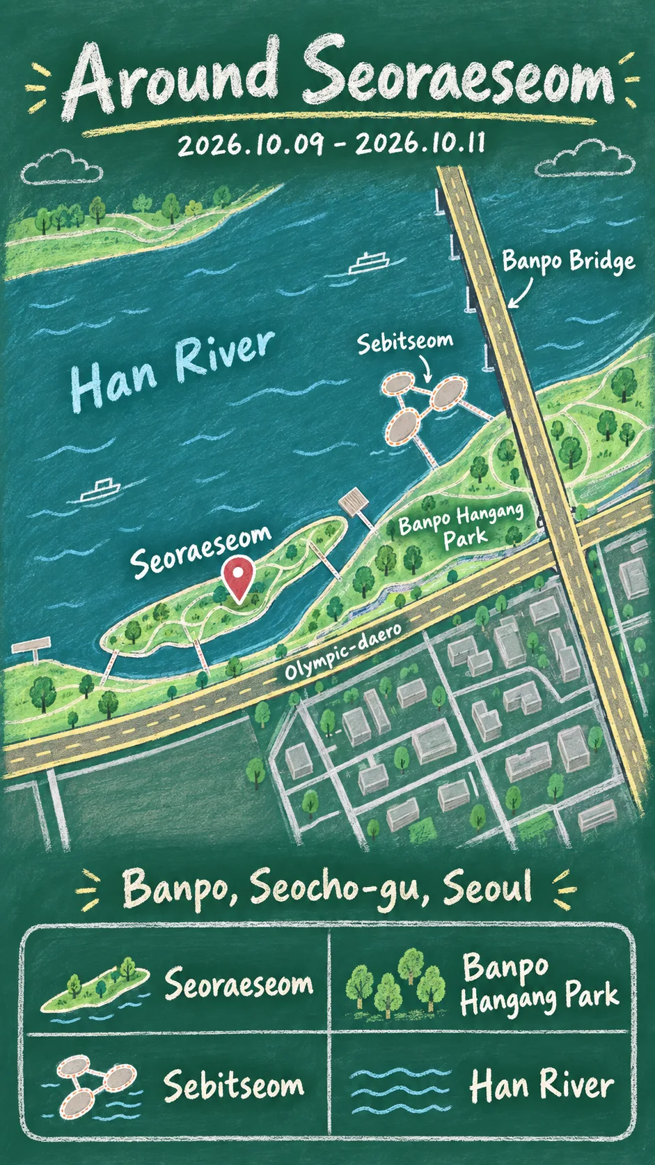 2026 Hangang Seoraeseom Picnic Concert: Seoul Guide & Hotels English chalkboard map redrawn from the source map