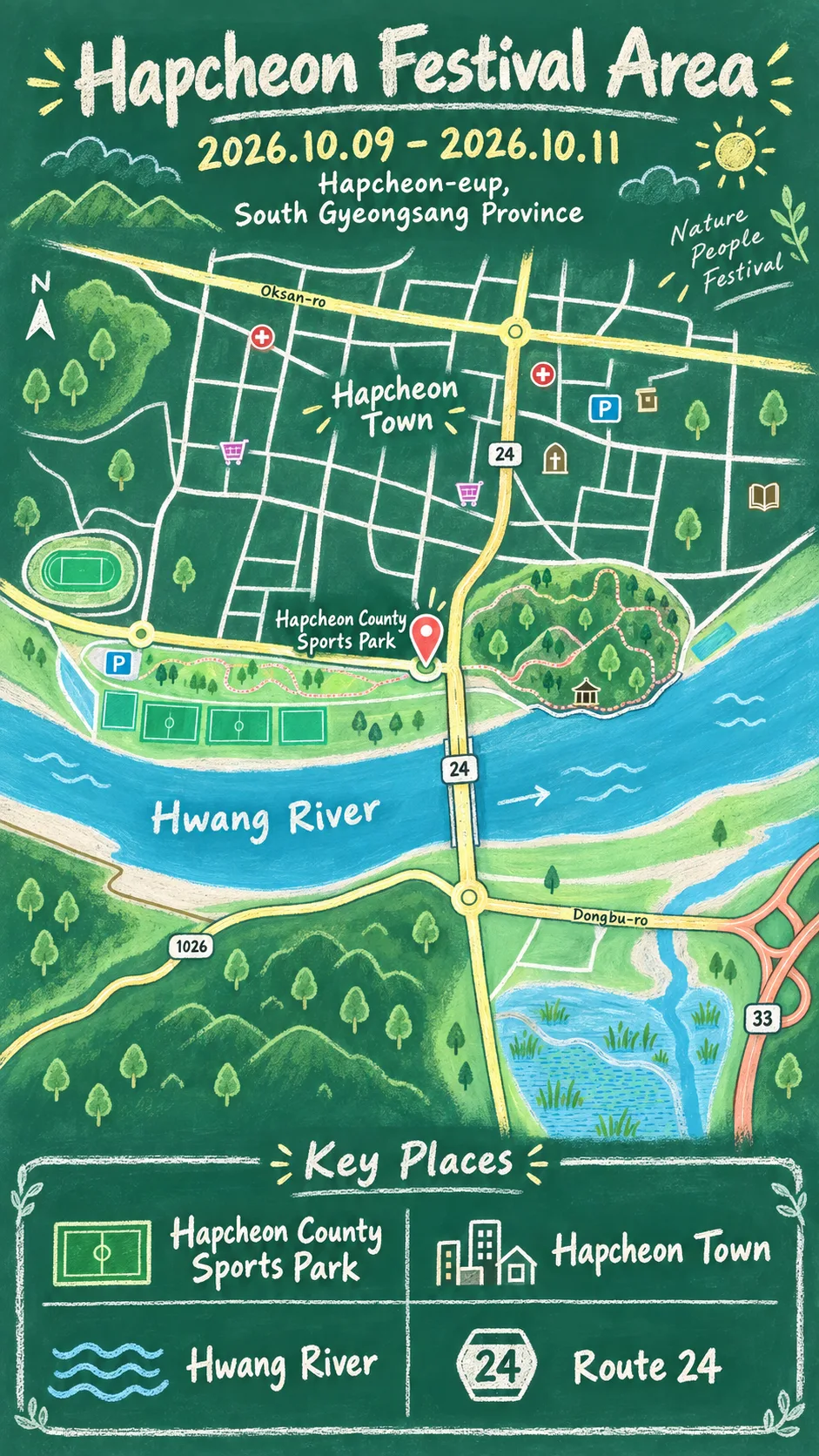 Hapcheon Hwangto Hanwoo Festival 2026: Dates, Travel Tips and Where to Stay English chalkboard map redrawn from the source map