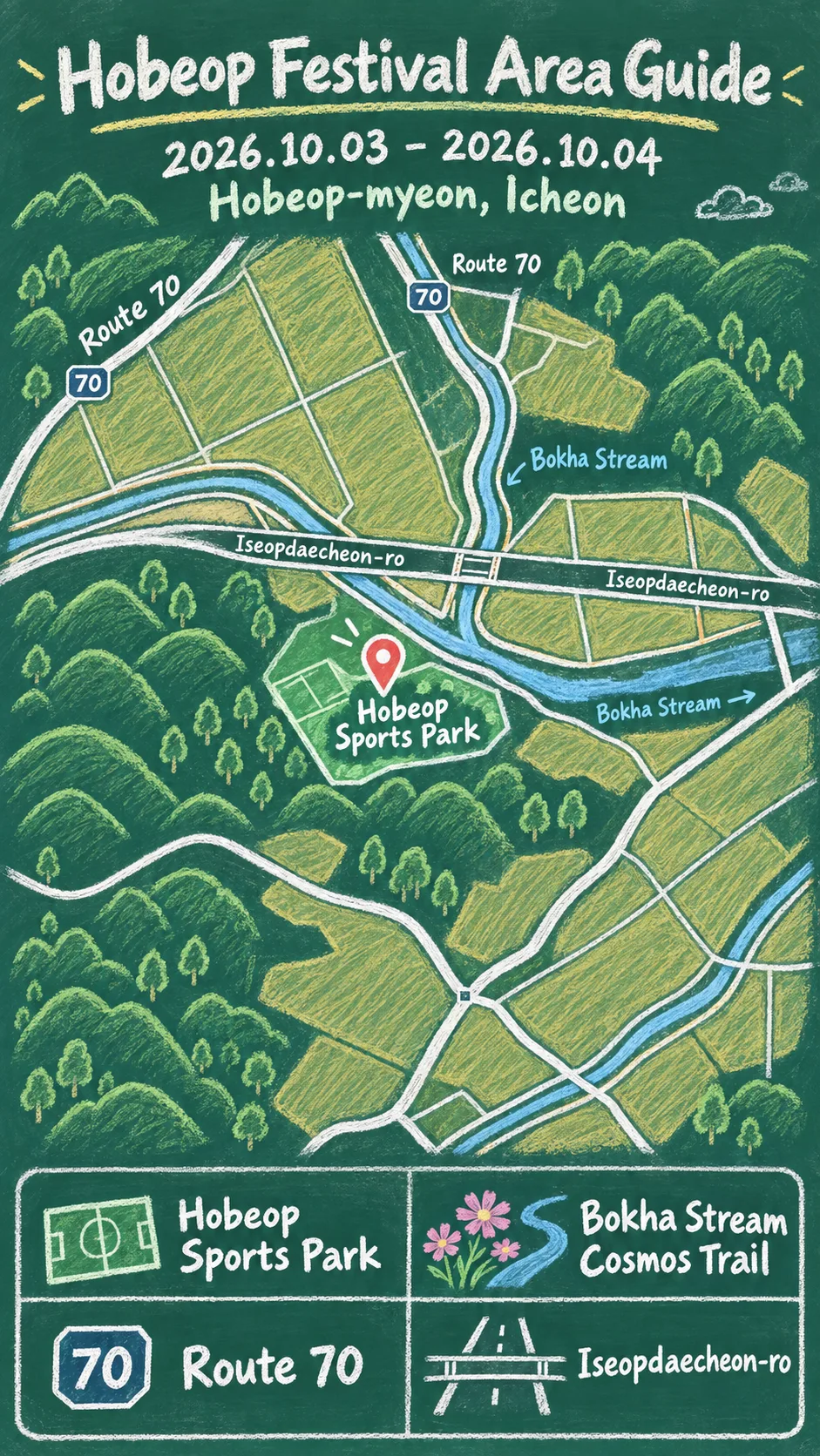Hobeop Cosmos Flower Festival 2026: Dates, Transport and Hotels English chalkboard map redrawn from the source map
