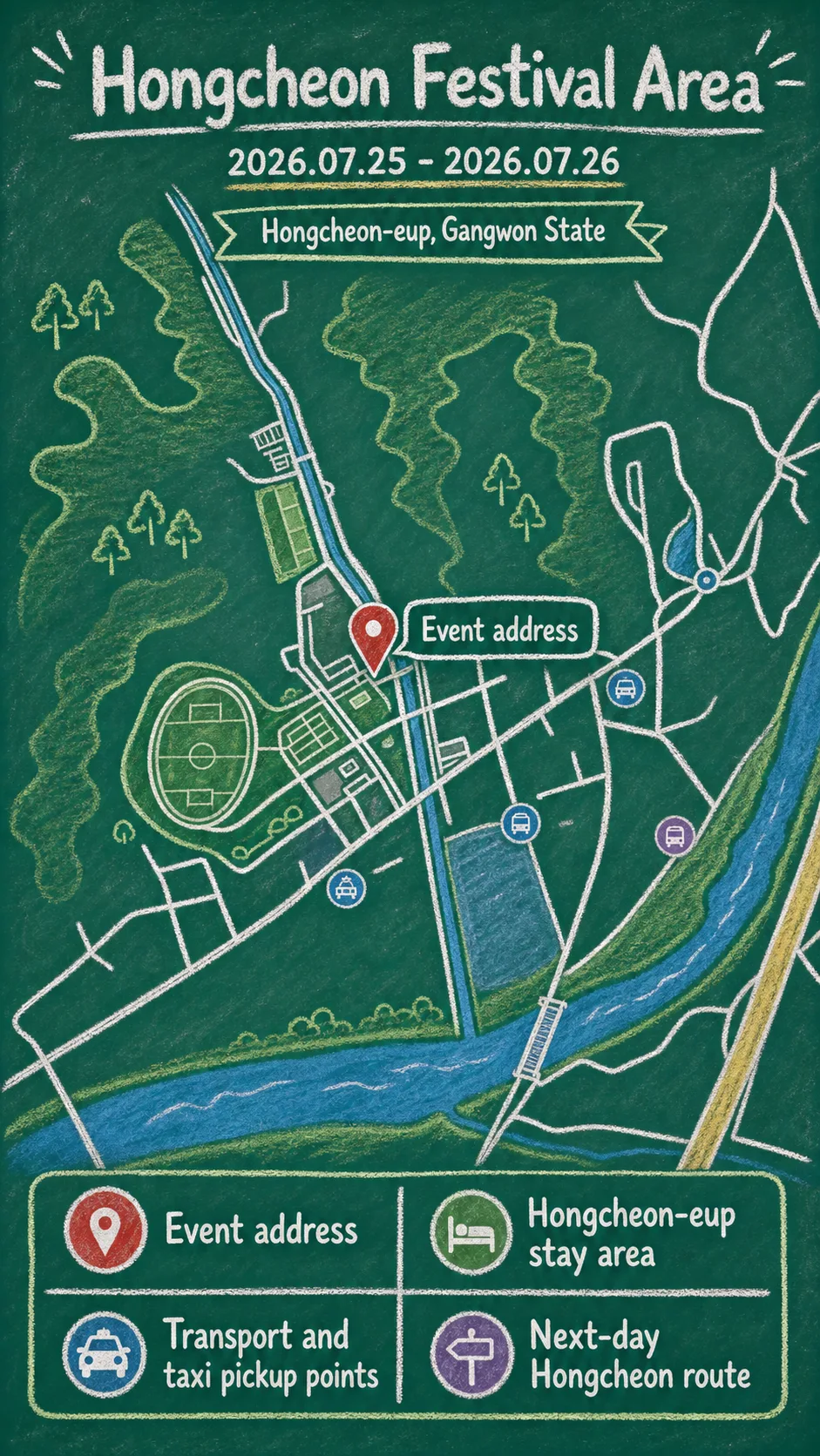 2026 Hongcheon E-Sports Festival Hotel Guide: Dates, Location, and Where to Stay English chalkboard map redrawn from the source map