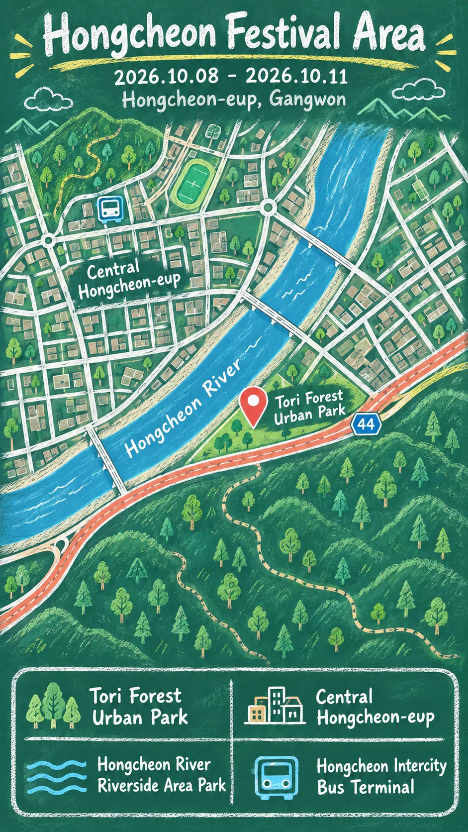 2026 Hongcheon Ginseng and Hanwoo Festival: Dates, Location and Hotel Tips English chalkboard map redrawn from the source map
