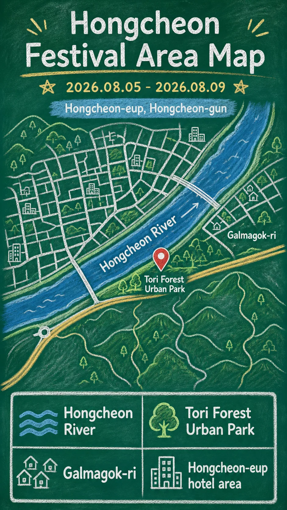 2026 Hongcheon River Starry Music Beer Festival: Where to Stay and How to Plan Your Visit English chalkboard map redrawn from the source map
