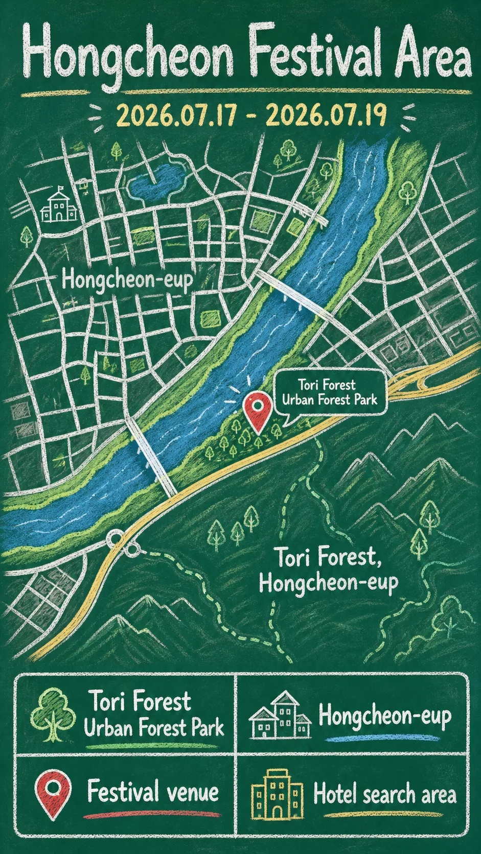 2026 Hongcheon Waxy Corn Festival: Dates, Location, Packing Tips, and Where to Stay English chalkboard map redrawn from the source map