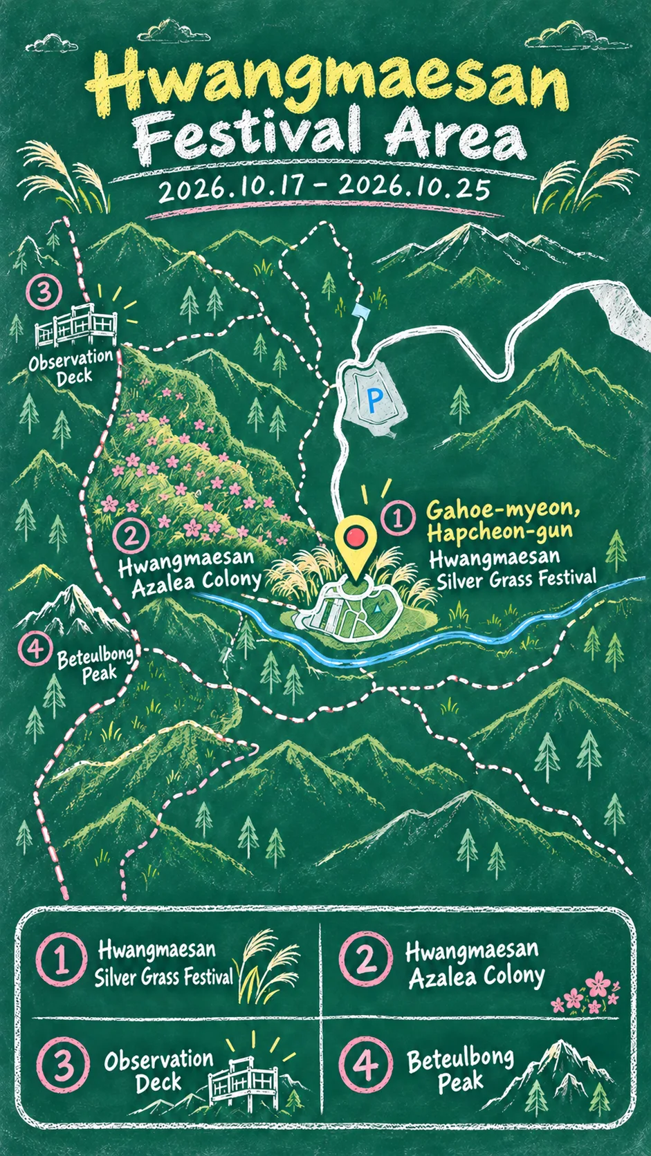 2026 Hwangmaesan Silver Grass Festival: Dates, Location, Packing Tips, and Where to Stay English chalkboard map redrawn from the source map