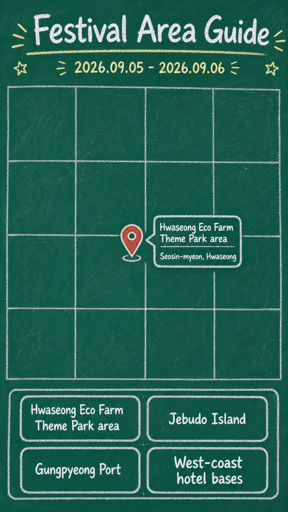 2026 Hwaseong Songsan Grape Festival Hotel Guide for International Travelers English chalkboard map redrawn from the source map