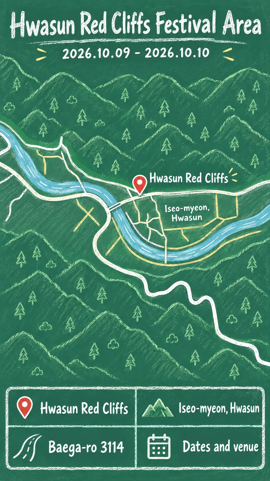 2026 Hwasun Red Cliffs Cultural Festival: Dates, Transport and Where to Stay English chalkboard map redrawn from the source map