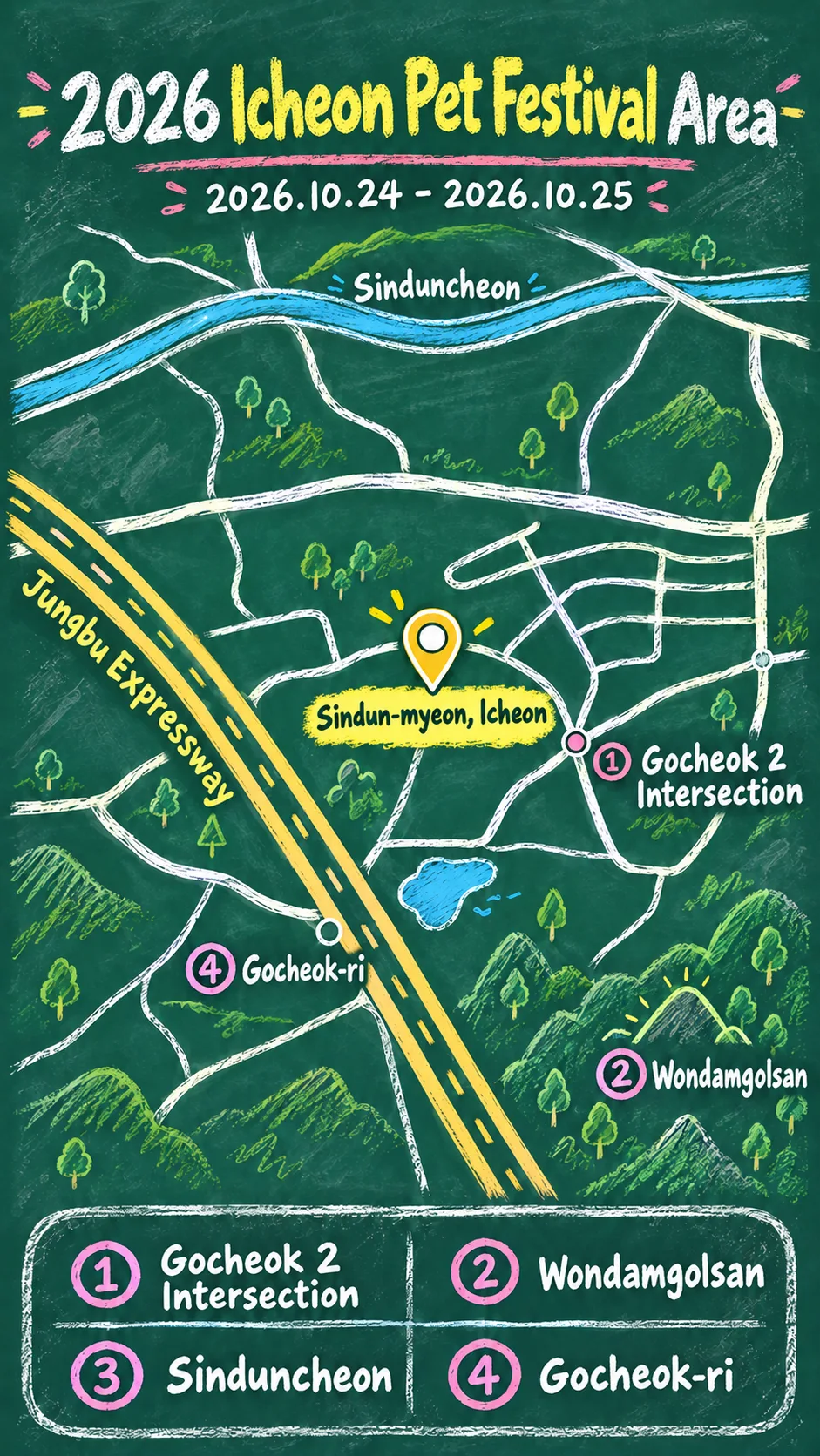 2026 Icheon Pet Festival: Dates, Location and Where to Stay English chalkboard map redrawn from the source map