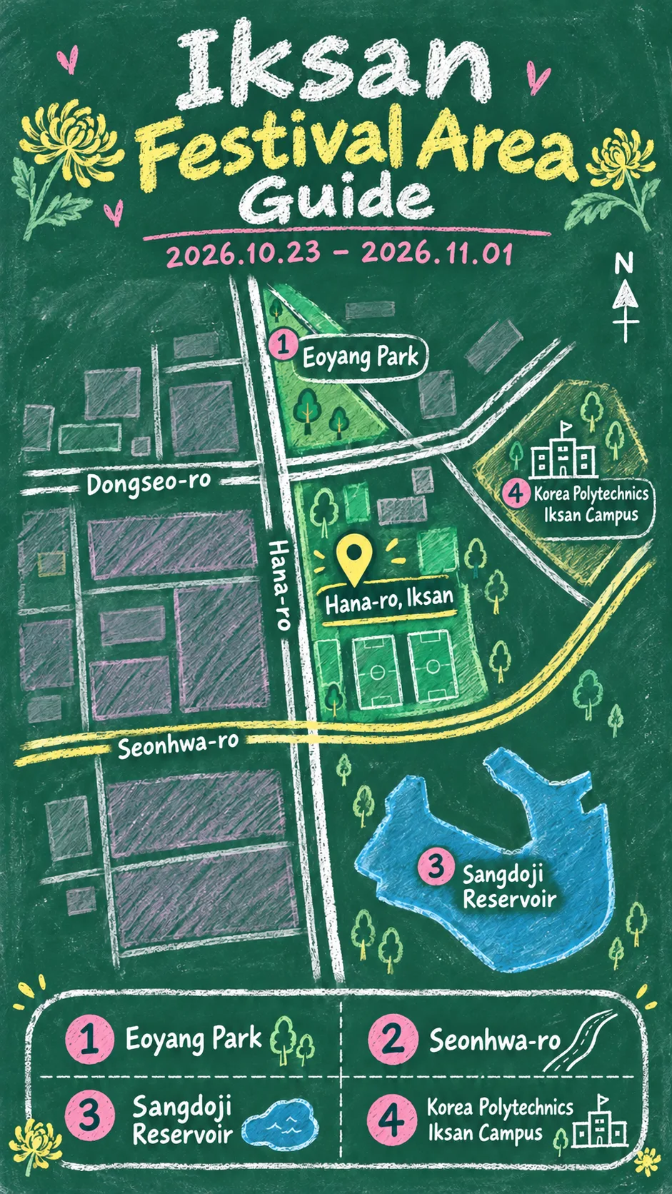 2026 Iksan Ten Million Chrysanthemum Festival: Dates, Location and Where to Stay English chalkboard map redrawn from the source map