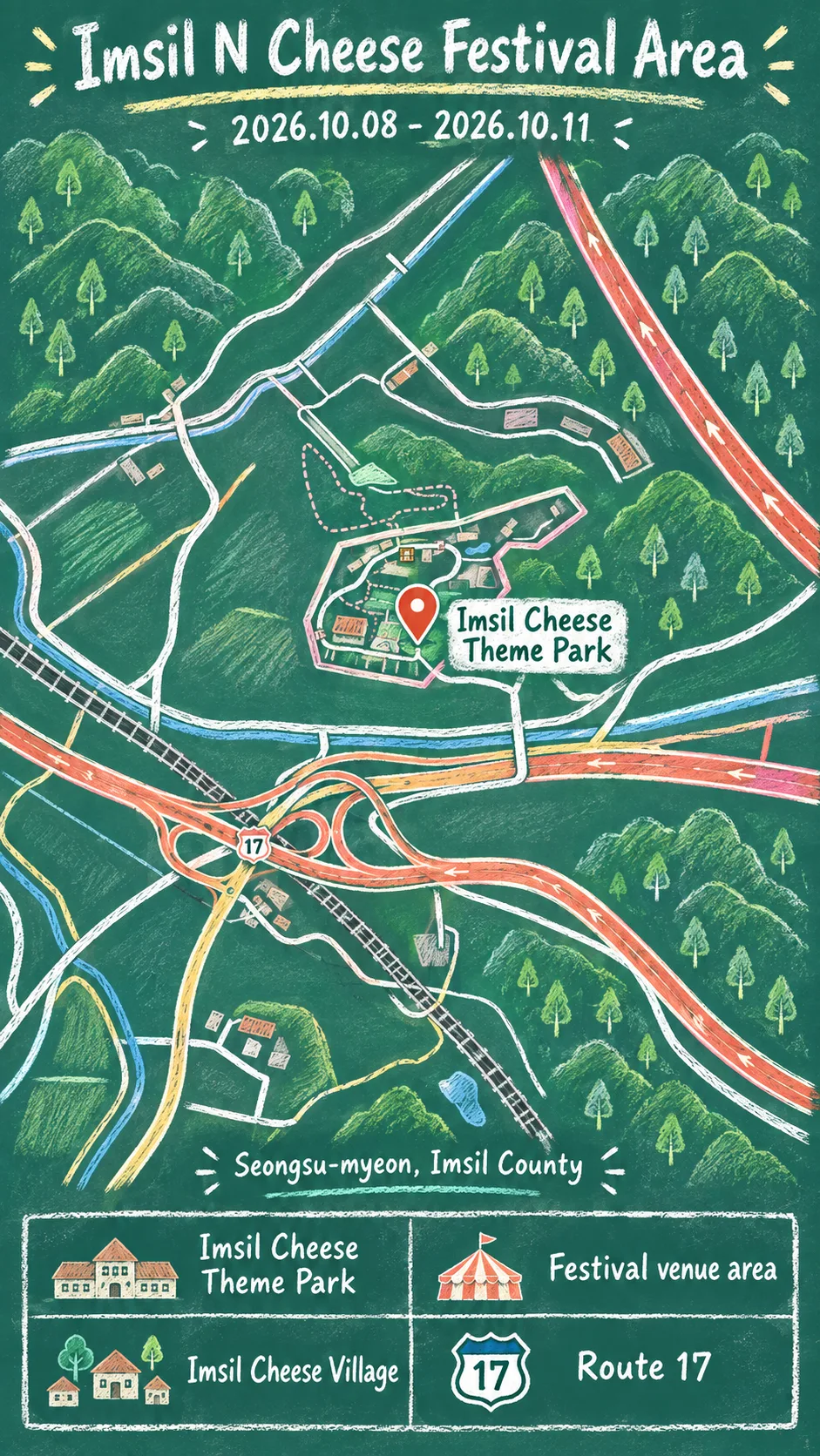 2026 Imsil N Cheese Festival: Dates, Transport and Where to Stay English chalkboard map redrawn from the source map