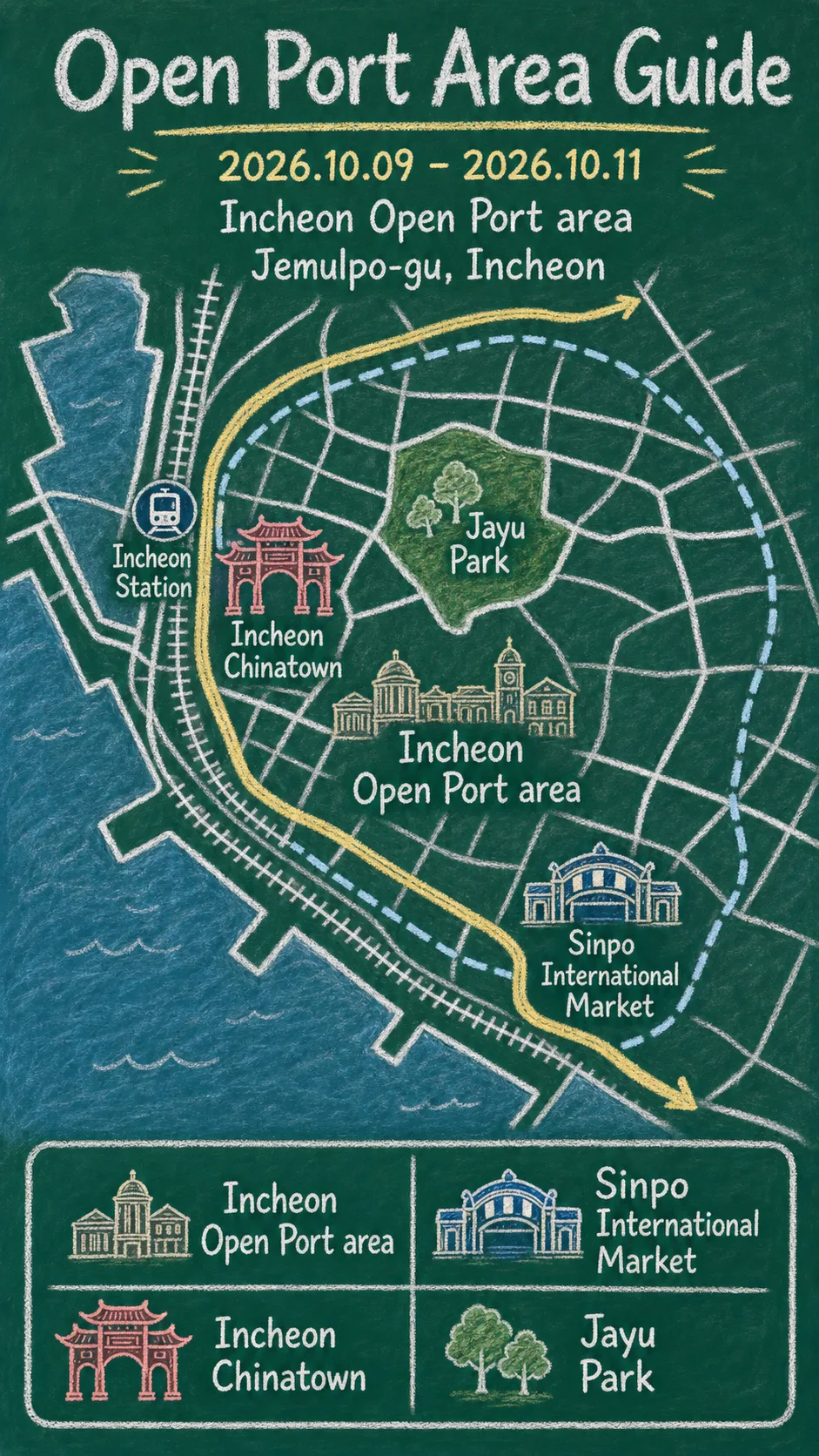 2026 Incheon Open Port National Heritage Night: Dates, Area Guide, and Hotel Bases English chalkboard map redrawn from the source map