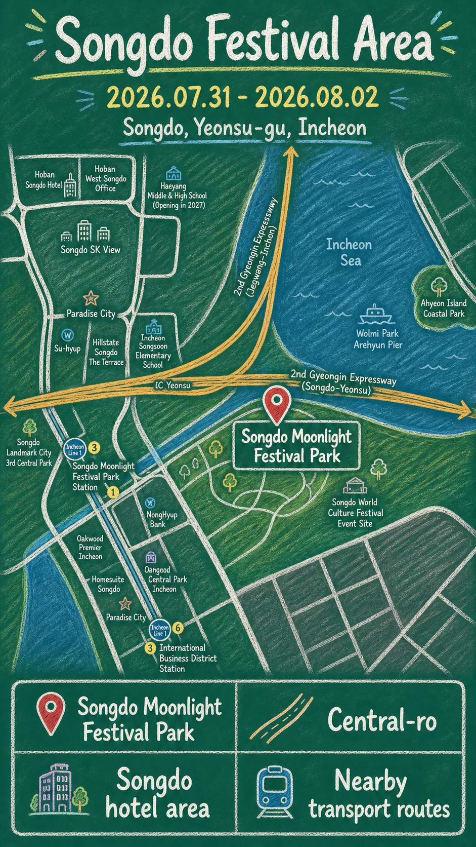 2026 Incheon Pentaport Rock Festival: Dates, Songdo Location, Packing Tips, and Hotel Bases English chalkboard map redrawn from the source map