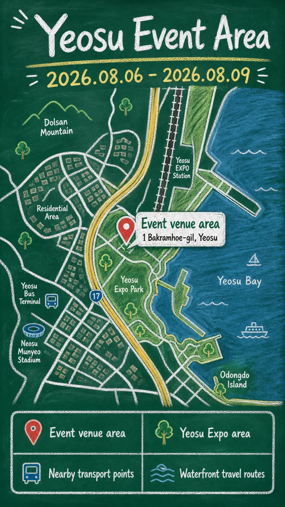 2026 Island Day in Yeosu: Dates, Location and Where to Stay English chalkboard map redrawn from the source map