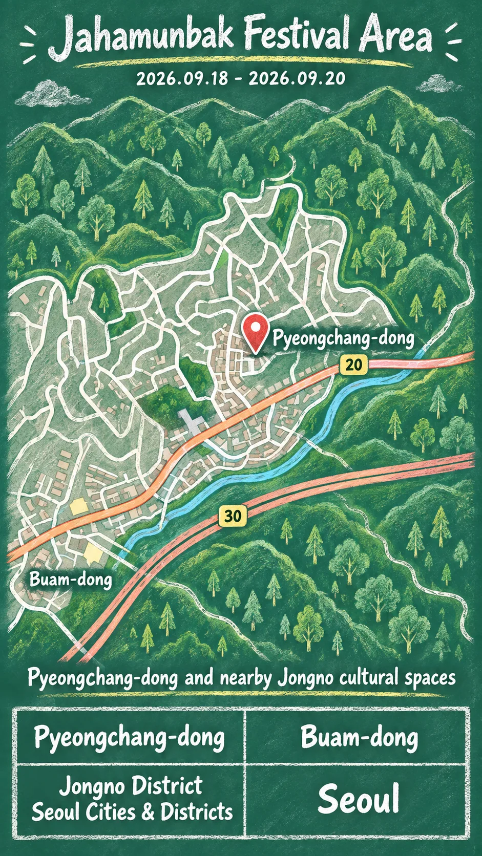2026 Jahamunbak Culture Festival: Hotel and Visitor Guide English chalkboard map redrawn from the source map