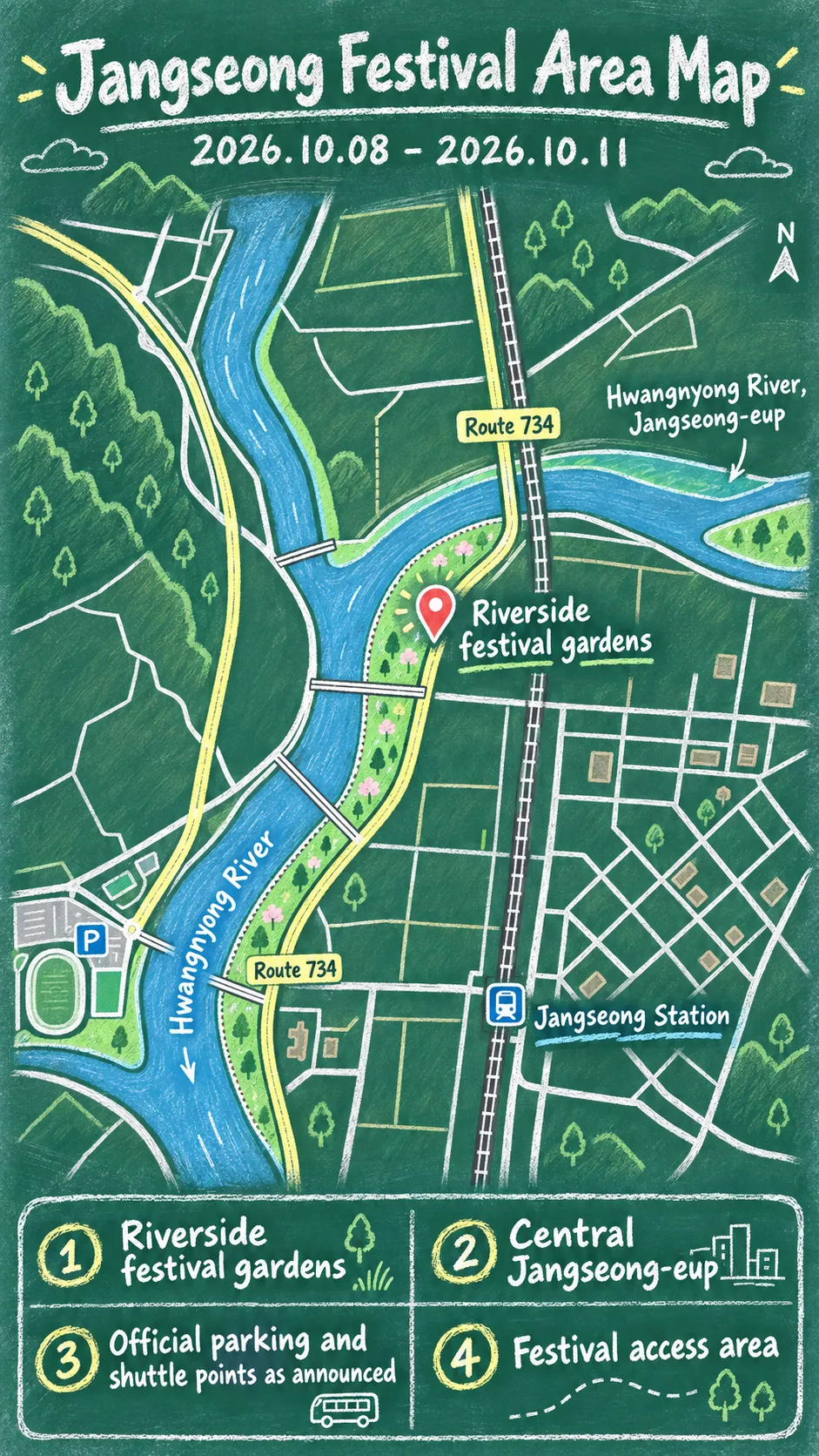 2026 Jangseong Hwangnyong River Autumn Flower Festival: Dates, Travel Tips and Hotels English chalkboard map redrawn from the source map