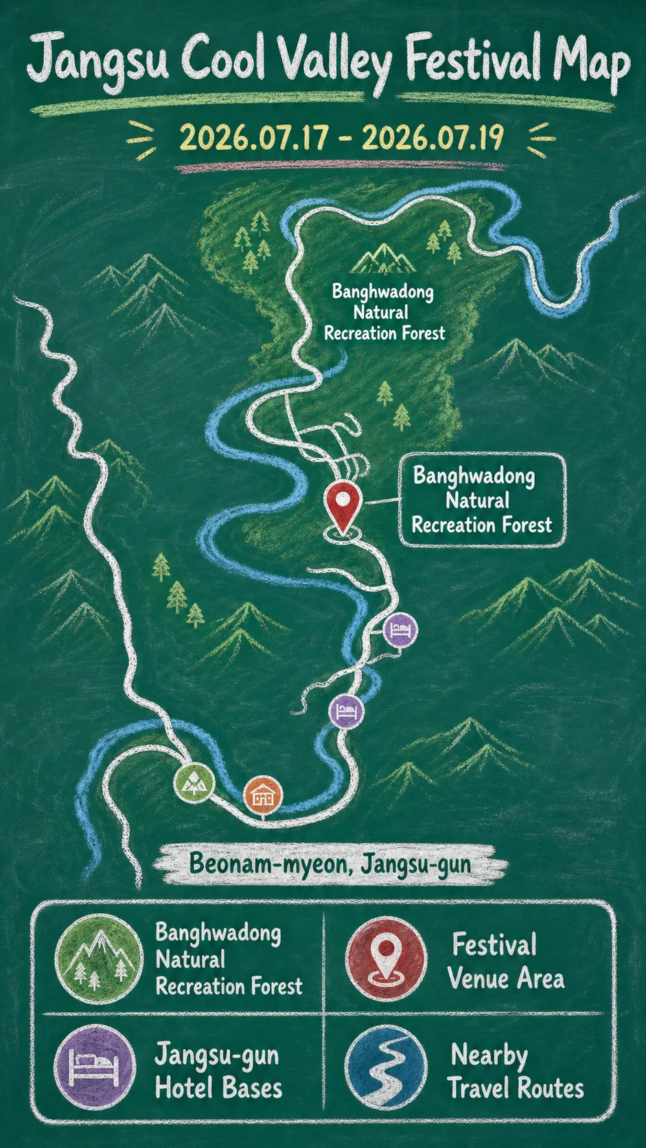 2026 Jangsu Cool Valley Festival: Dates, Location, What to Pack, and Where to Stay English chalkboard map redrawn from the source map