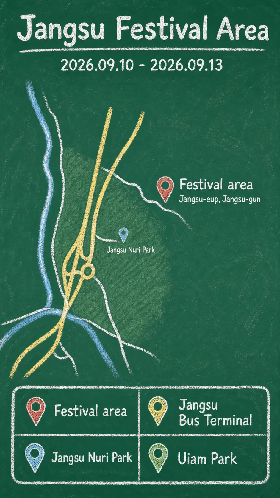 2026 Jangsu Hanwoo and Apple Festival Hotel Guide English chalkboard map redrawn from the source map
