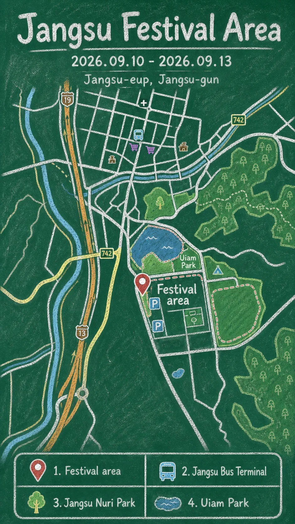 2026 Jangsu Hanwoo and Apple Festival Hotel Guide English chalkboard map redrawn from the source map