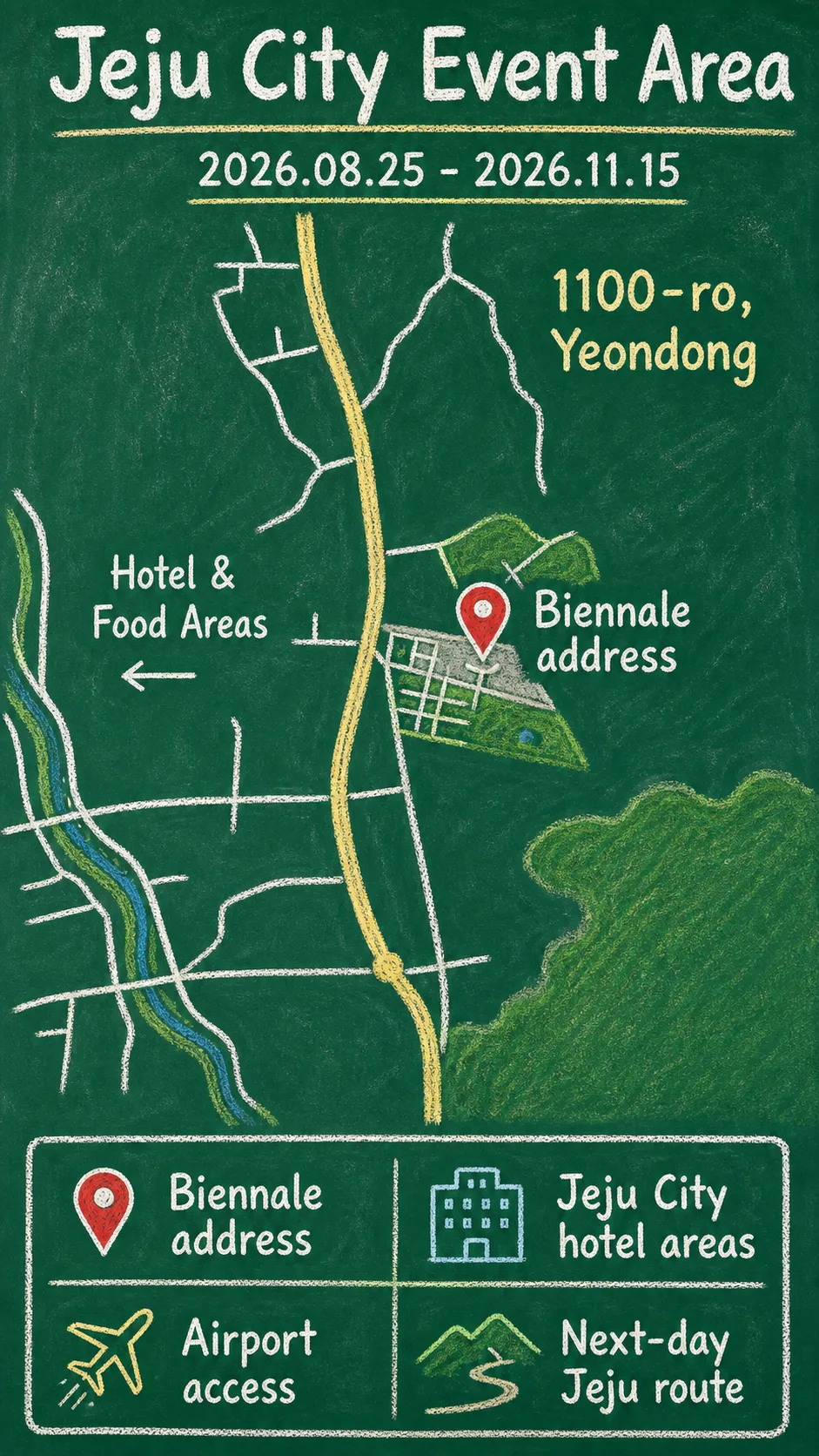 2026 Jeju Biennale Guide: Dates, Location, and Where to Stay in Jeju City English chalkboard map redrawn from the source map