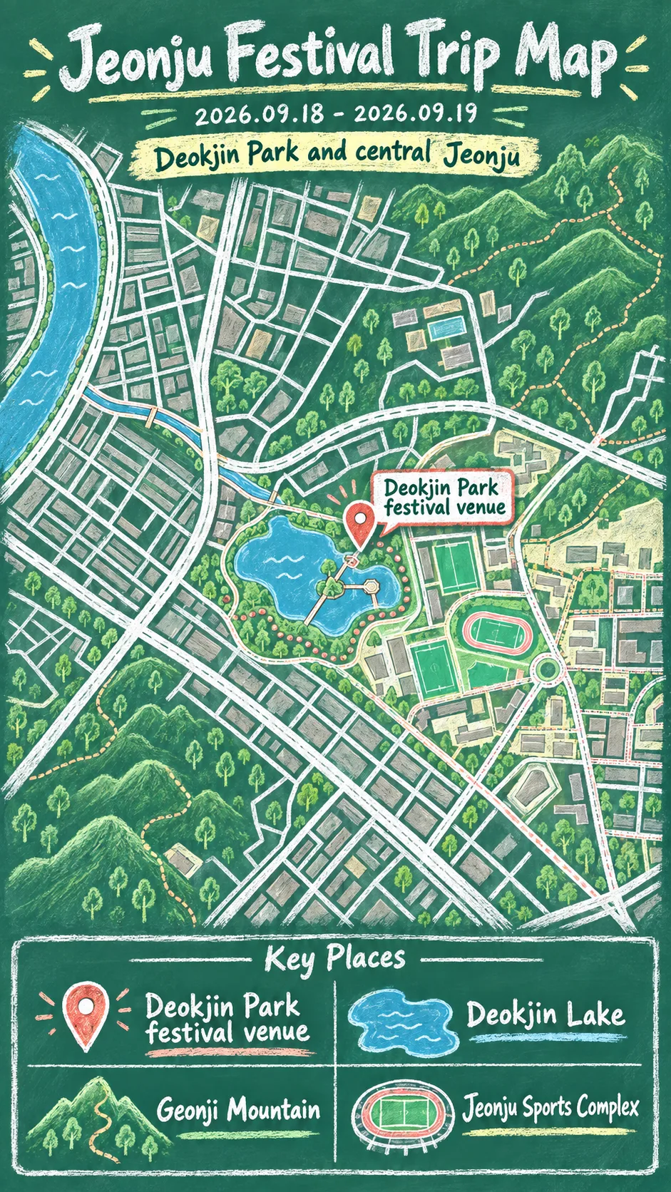 2026 Jeonbuk–Jeonju Youth Festival: Dates, Venue and Hotel Guide English chalkboard map redrawn from the source map