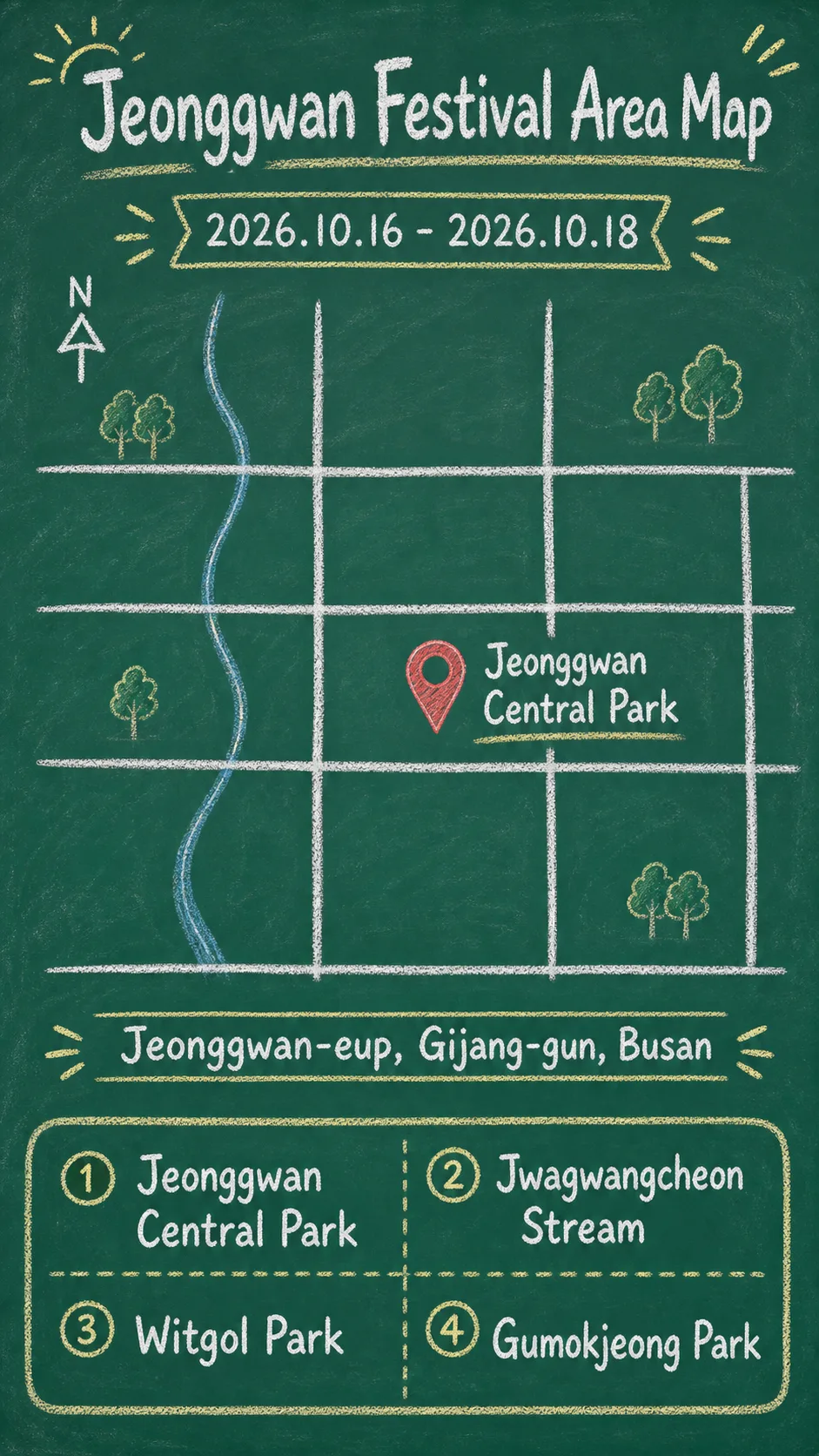 2026 Jeonggwan Eco-Stream Learning and Culture Festival: Dates, Location, Packing Tips, and Hotel Bases English chalkboard map redrawn from the source map