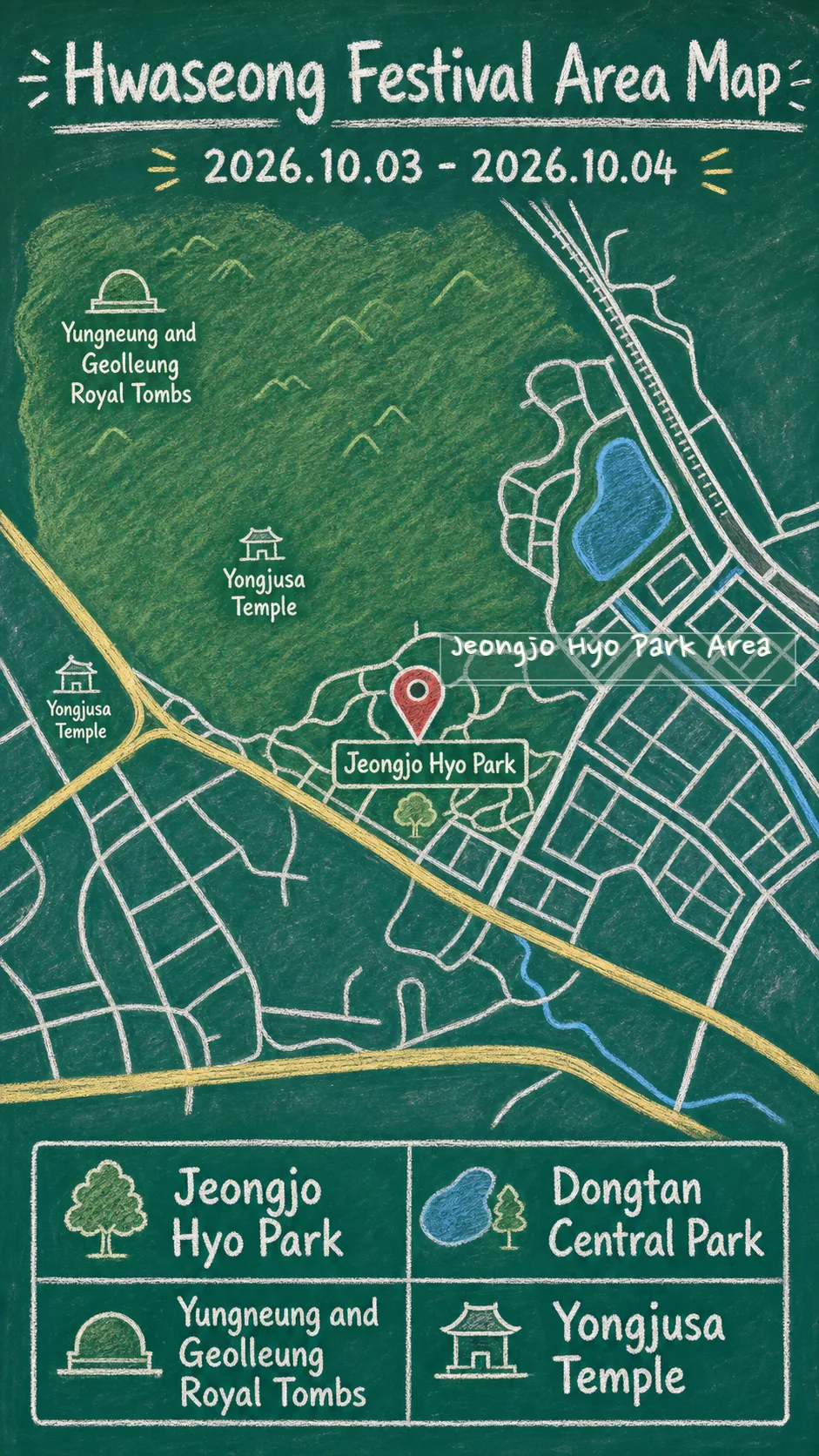 2026 Jeongjo Filial Piety Cultural Festival Hotel Guide for Hwaseong English chalkboard map redrawn from the source map