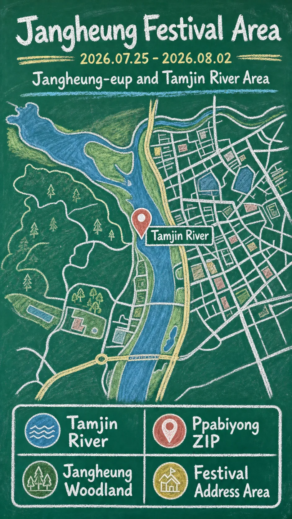 2026 Jeongnamjin Jangheung Water Festival: Dates, Location, and Where to Stay English chalkboard map redrawn from the source map